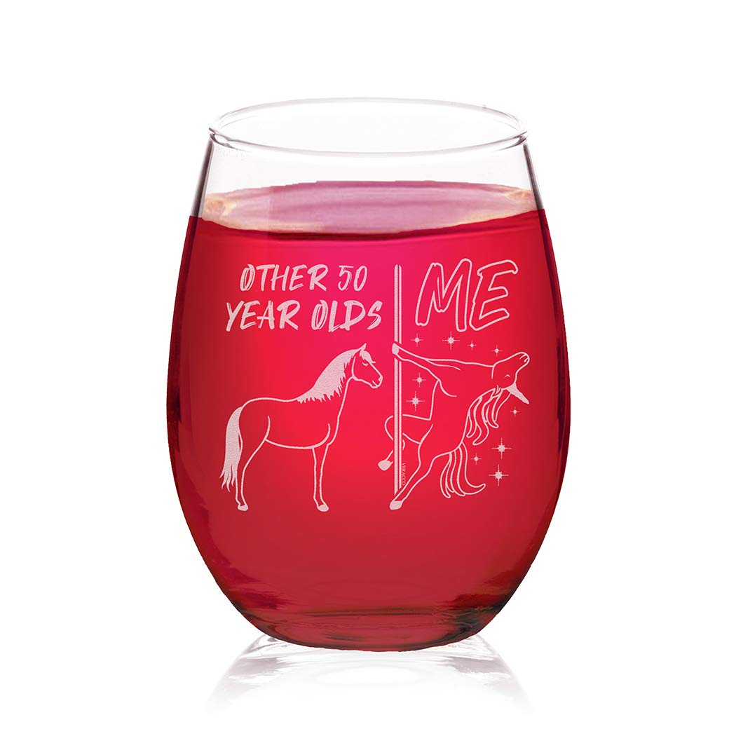Veracco Unicorn Stemless Wine Glass - 50th Birthday Gift for Men & Women, Fifty and Fabulous (Clear Glass) - Perfect for Birthday Parties, Anniversaries & Unique Home Decor