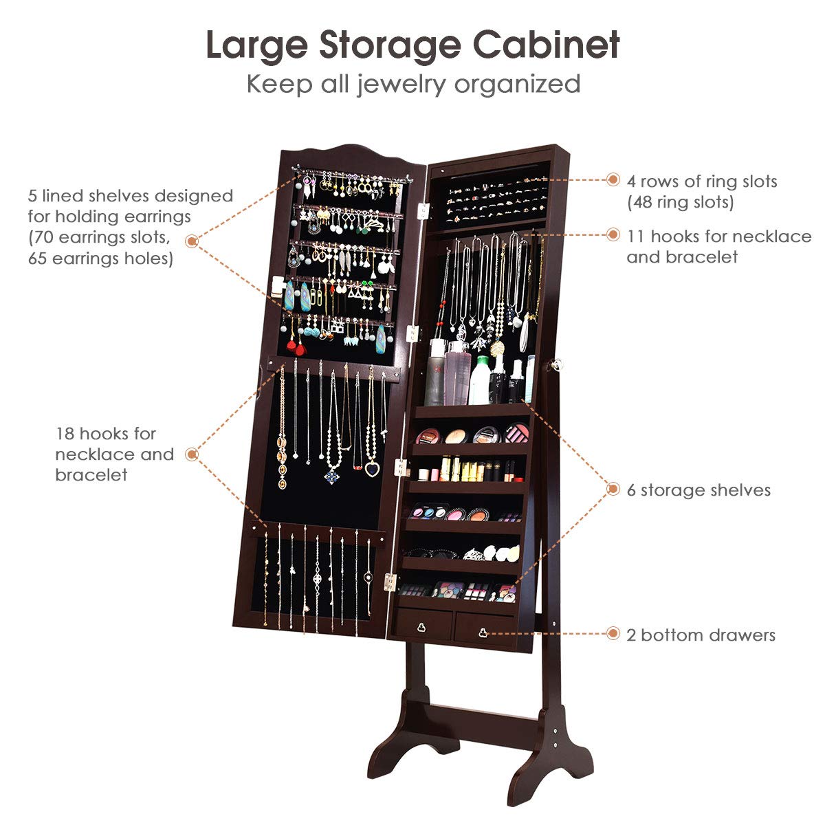 Giantex Floor Standing Jewelry Armoire Organizer with Full Length Mirror - 14 LED Lights, 2 Drawers, 4 Adjustable Angles & Lockable Storage Cabinet (Brown) - Perfect for Bedroom, Closet & Dressing Room Organization
