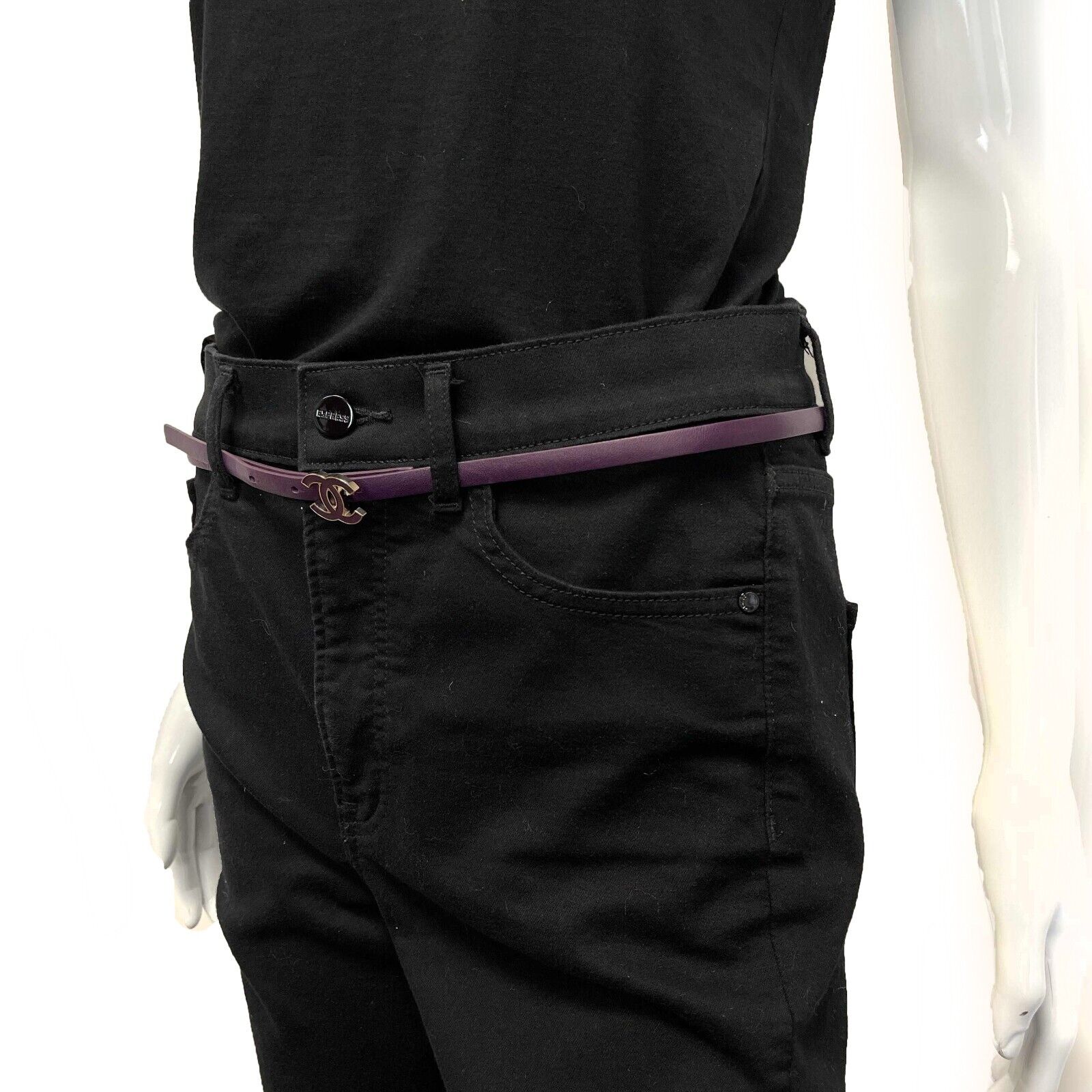 Chanel CC Logo Leather Belt for Women - Purple Skinny Waist Belt 90/36 - Luxury Designer Fashion Accessory for Office, Party & Everyday Outfits