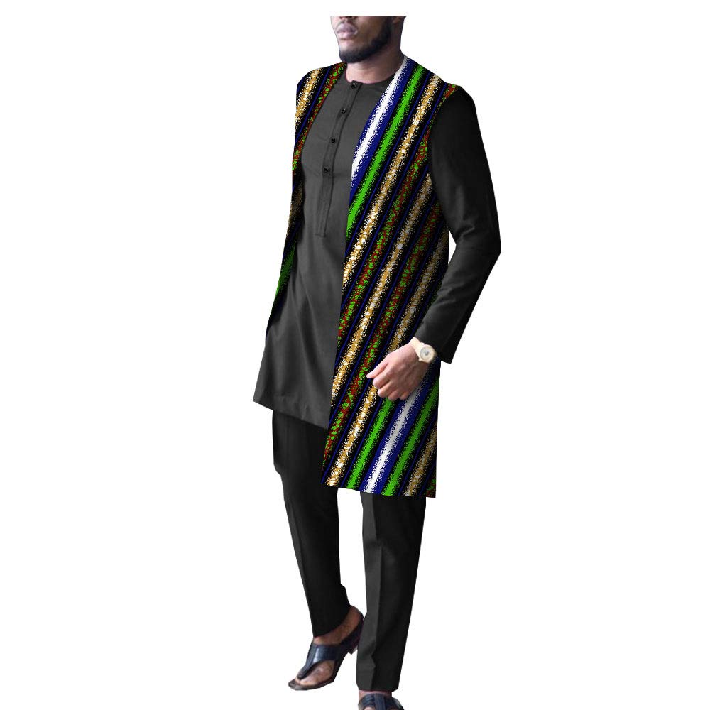 Africa Pride Men's Dashiki Tribal Print 3-Piece Set - Long Coat Jacket, Shirt & Pants - Traditional African Clothing for Weddings, Festivals & Cultural Events