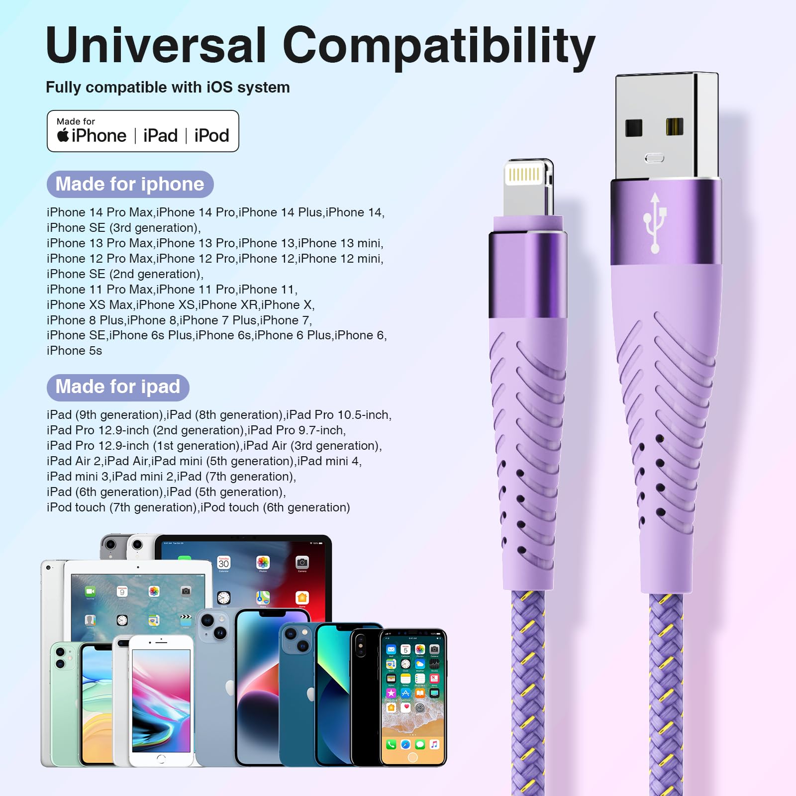 Apple MFi Certified iPhone Fast Charger Cable 6FT 3-Pack - Nylon Braided Lightning to USB Charging Cord for iPhone 14/13/12 Pro Max/12 Pro/11/X/8 - Durable & Tangle-Free (Perfect for Home, Office & Travel)