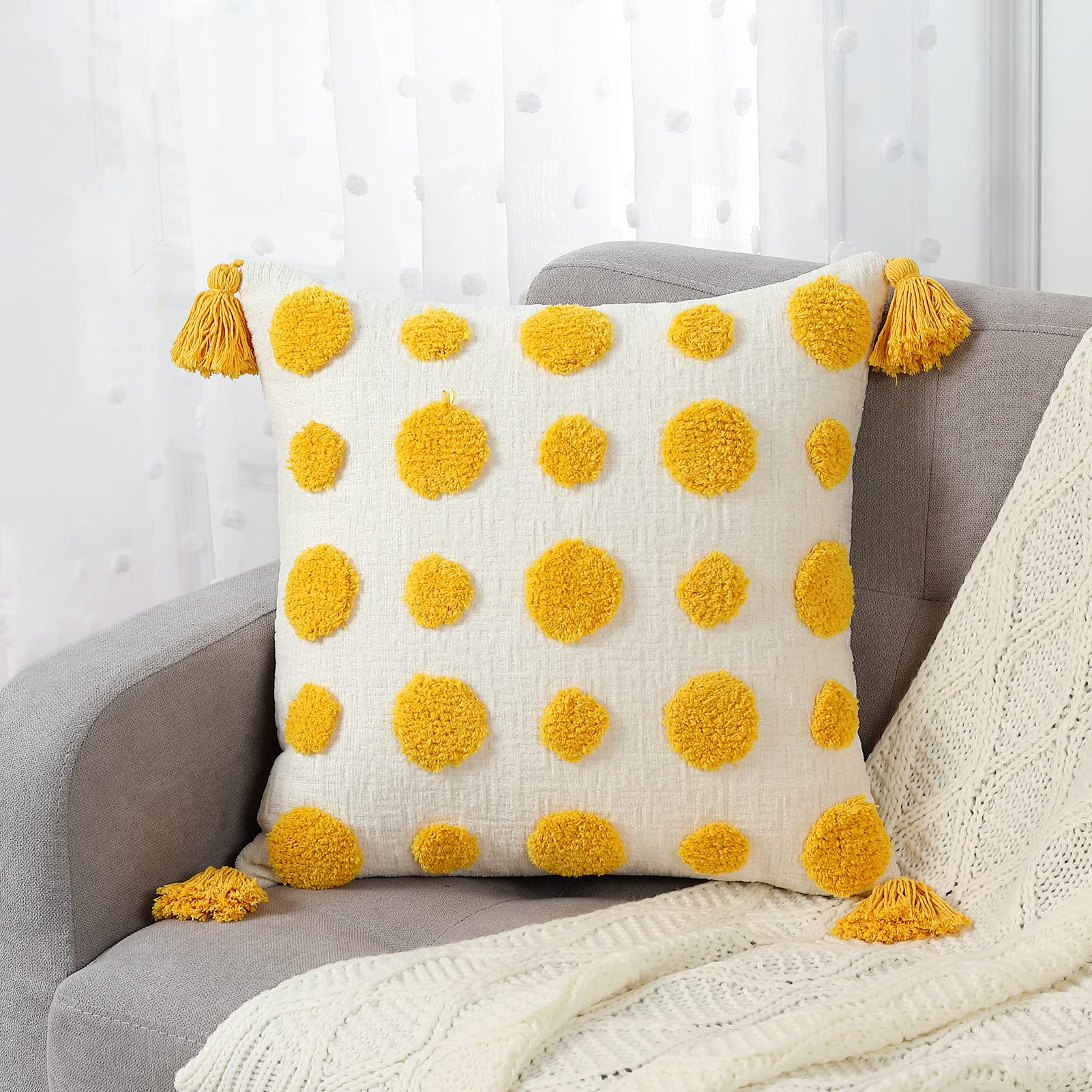 Boho Yellow Throw Pillow Cover 18x18 Inch - Decorative Pom Pom & Tassel Tufted Cushion Case for Sofa, Couch, Bed - 1 PC - Perfect for Living Room, Bedroom & Home Decor