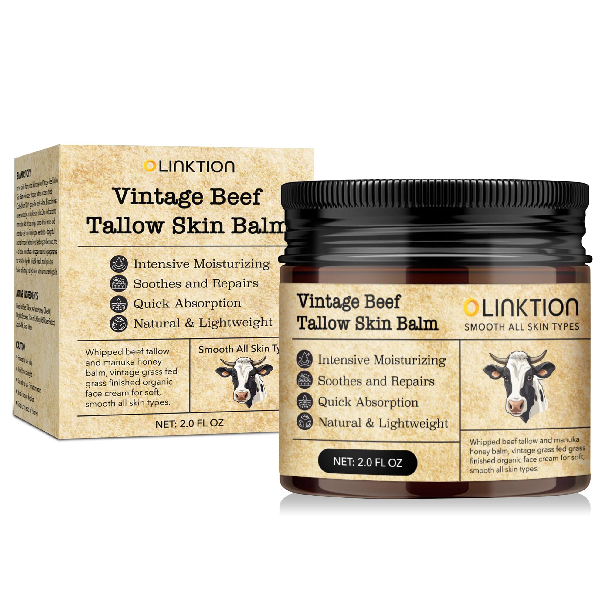 100% Grass-Fed Beef Tallow & Manuka Honey Balm for Face & Body - Organic Moisturizer with Olive Oil for Sensitive Dry Skin Repair - 2 oz - Perfect for Winter Care & Eczema Relief