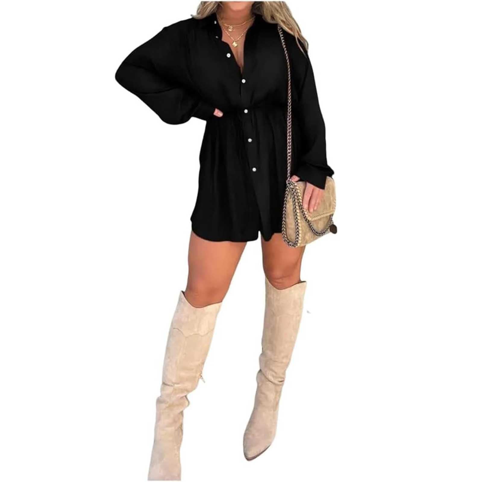 Gokame Women's Satin Romper Dress Set - Long Sleeve Button Down Shirt Dress with Shorts, Casual Solid Color Pajama Outfit for Sleepwear, Lounge Wear & Night Out