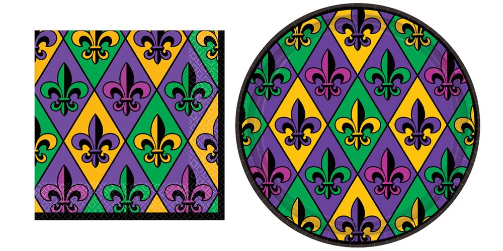 Fleur de Lis Mardi Gras Party Supplies Set for 36 Guests - 36 Napkins, Plates & 1 Maze Game Activity Card - Perfect for Mardi Gras Celebrations, Birthday Parties & Carnival Events