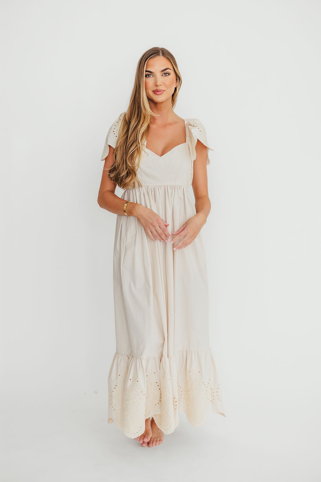 Brooklyn 100% Cotton Eyelet Detail Maxi Dress in Natural - Flowy Summer Dress for Beach, Wedding & Casual Wear | Breathable & Comfortable Women's Fashion