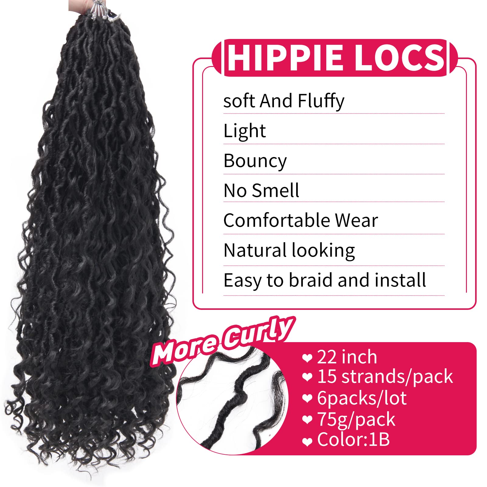 6 Packs 22 Inch Goddess Locs Crochet Hair - 1B Natural Black Curly Faux Locs Braiding Hair for Women | Perfect for Protective Styles, Boho Looks & Everyday Wear