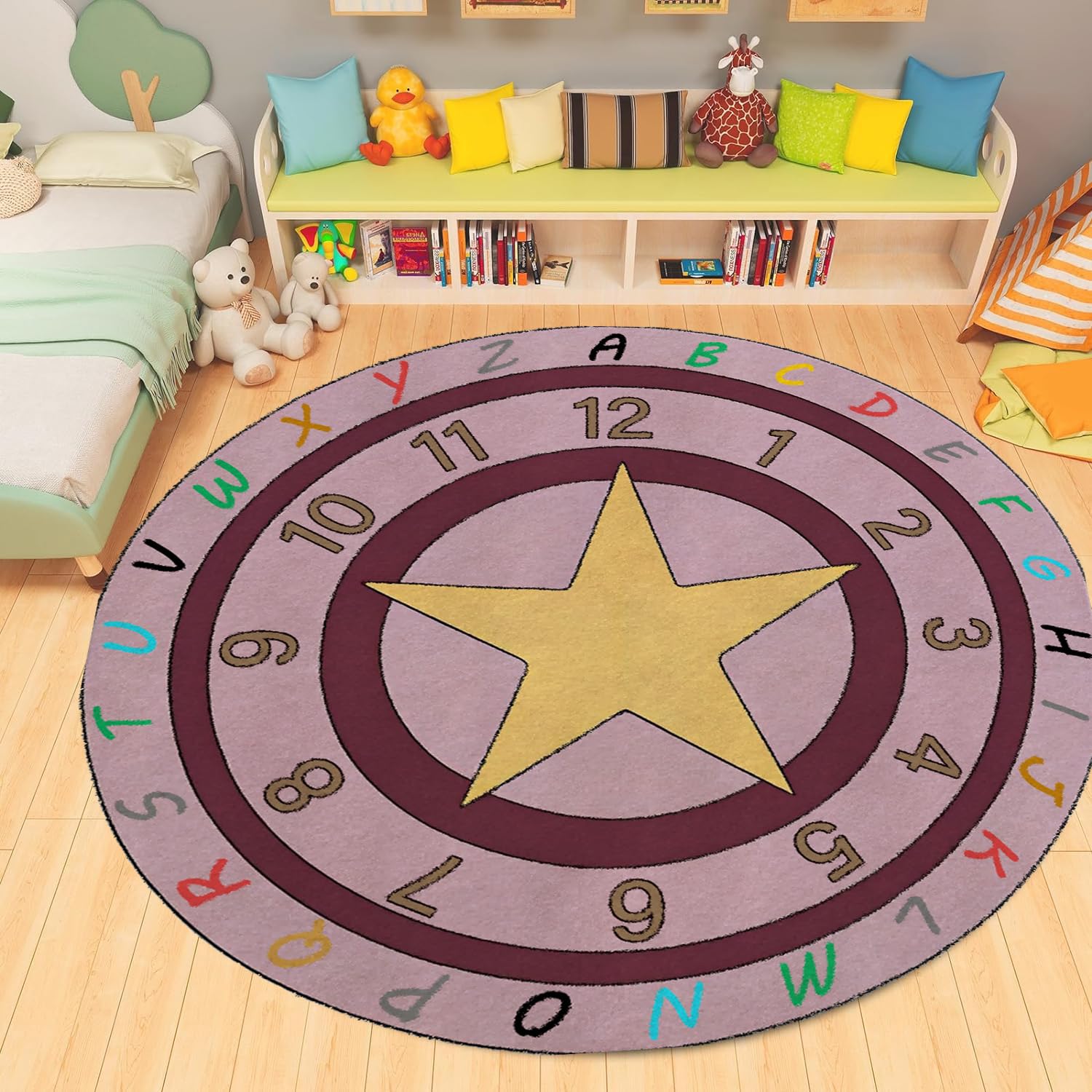 ABC Alphabet Kids Round Rug 6ft - Soft Non-Slip Washable Nursery Play Mat | Faux Wool Baby Crawling Mat for Classroom, Daycare, Nursery, Boys & Girls Bedroom | Perfect for Learning, Playtime & Toddler Safe Floor Covering