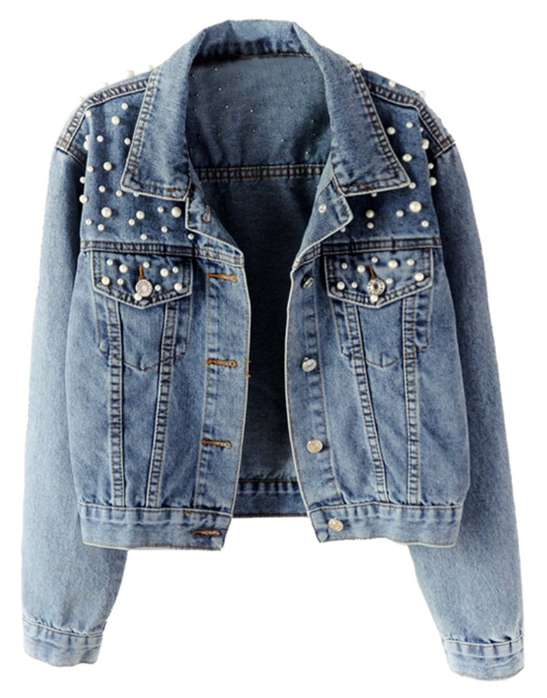 LifeShe Women's Embroidered Pearl Denim Jacket - Stylish Distressed Jean Coat with Pearl Accents for Casual Outfits & Spring Fashion