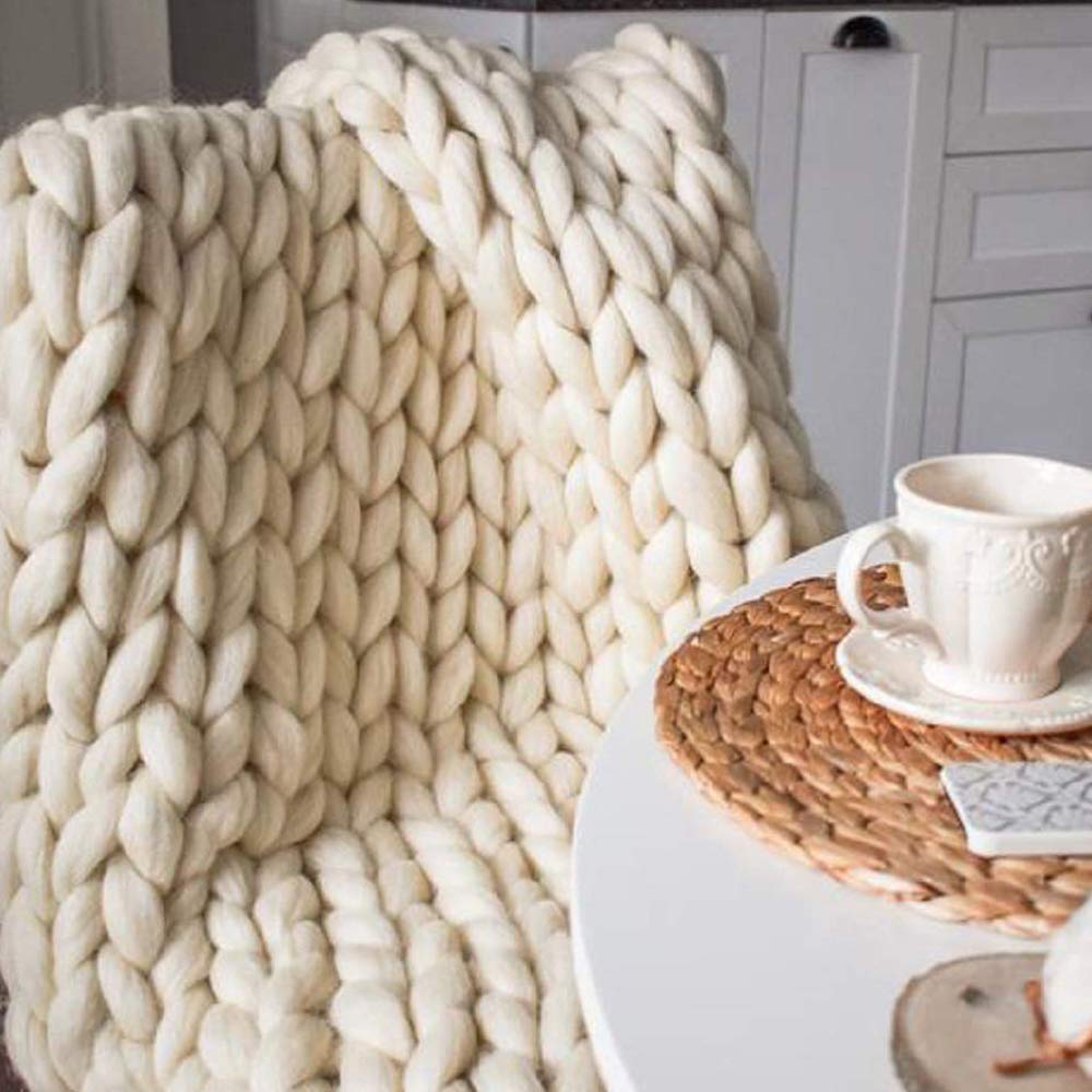 1.5x2m Handmade Chunky Knit Blanket - Soft Beige Knitted Throw for Sofa, Bed & Couch - Warm Winter Blanket for Living Room, Bedroom & Home Decor