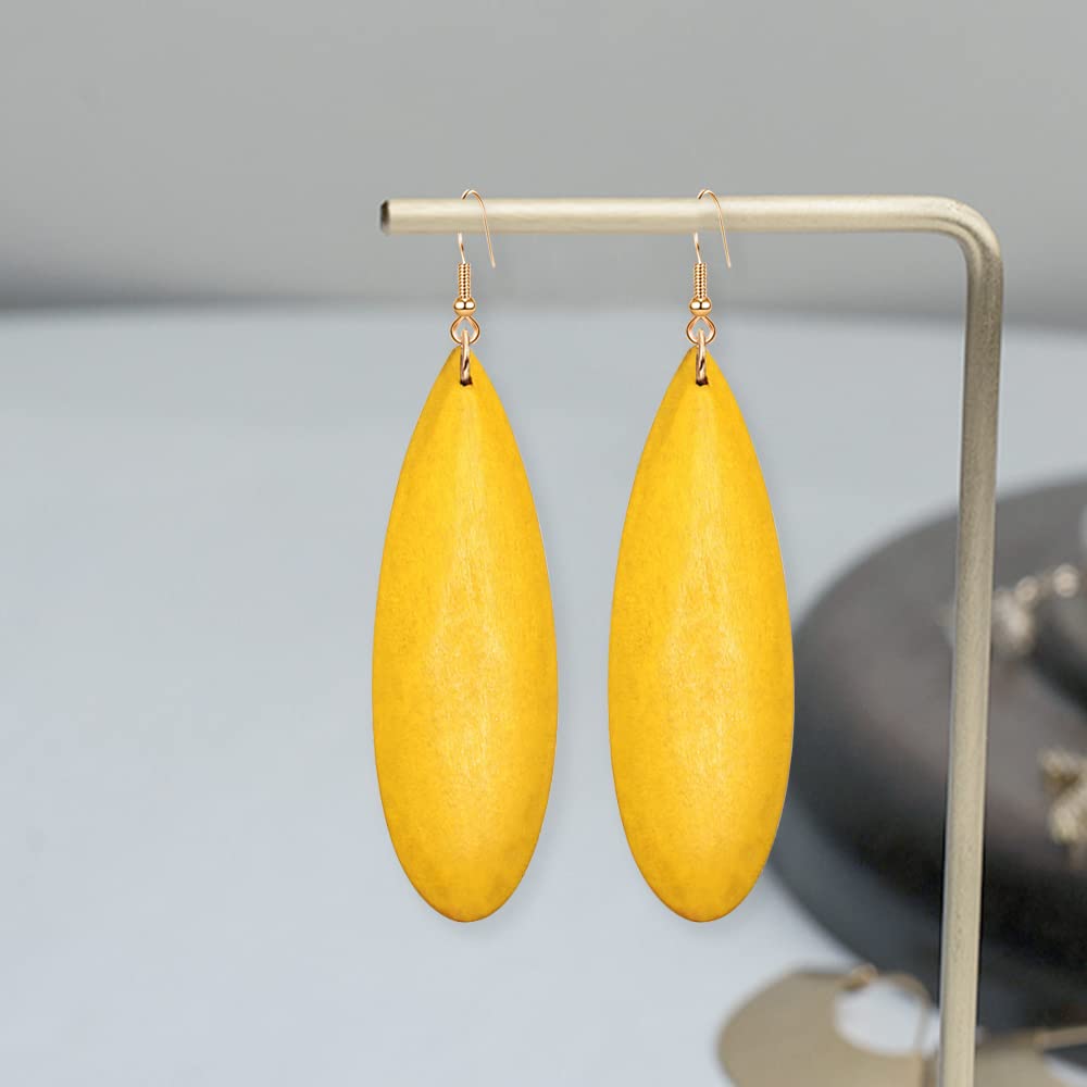 Handmade Lightweight African Teardrop Wood Earrings for Women - Natural Wood Bohemian Retro Dangle Drop Earrings, Vintage Geometric Long Big Design in Black Brown & Yellow | Perfect for Boho Chic, Festival, Casual & Party Outfits