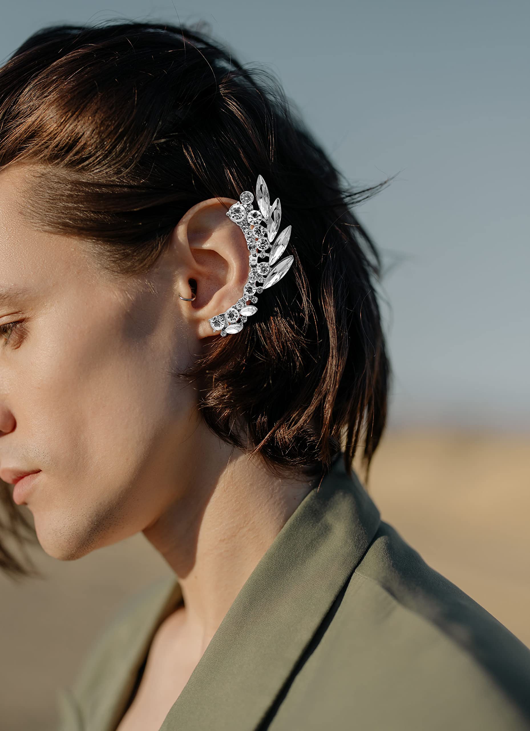 Silver Angel Wings Ear Cuff Earrings - Crystal Crawler Climber Ear Cuffs for Women | Christmas Gifts, Birthday Presents | Perfect for Parties, Weddings & Special Occasions