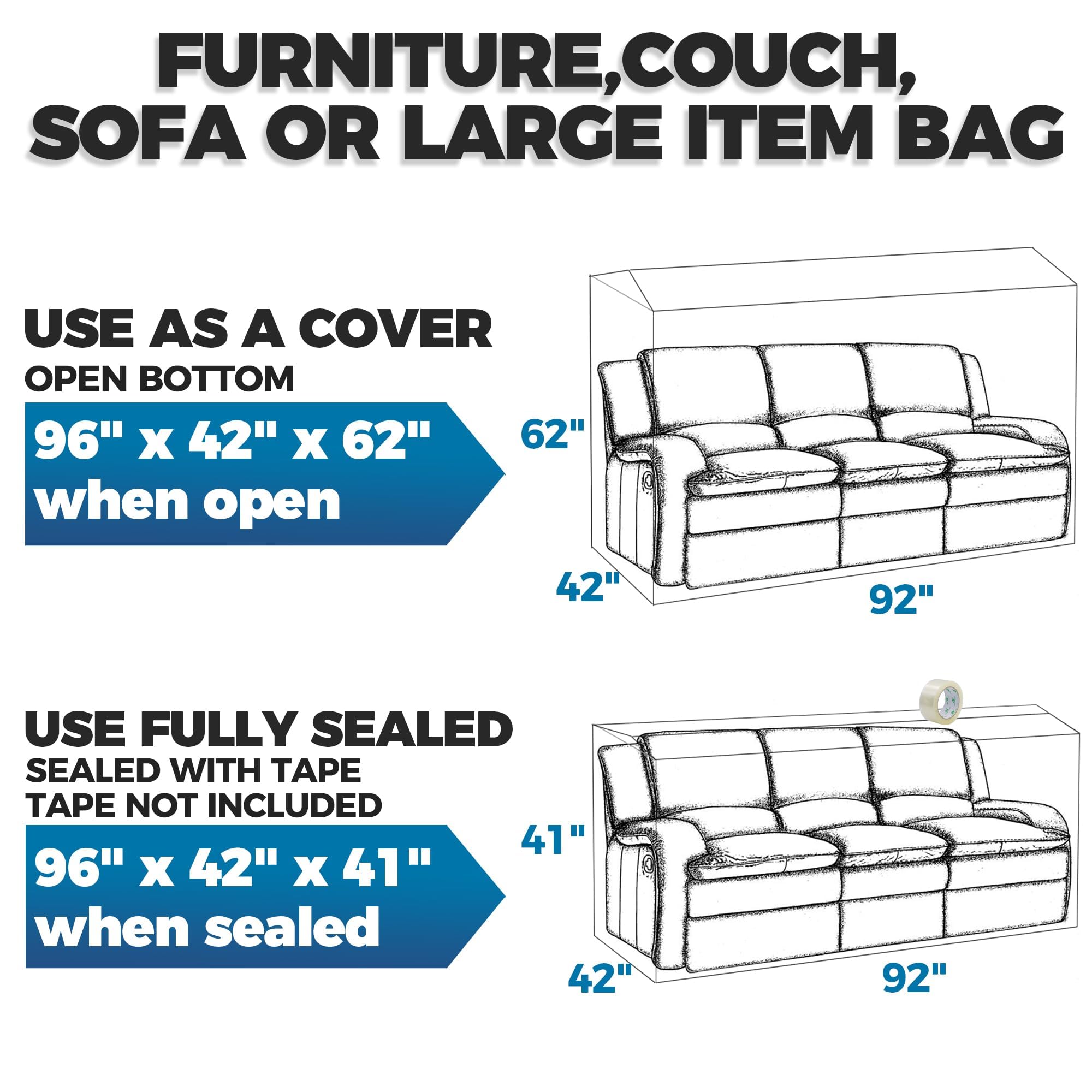 Heavy-Duty Plastic Furniture Covers - Waterproof Sofa Protector for Moving & Storage (96x42x62 Inch) - Home Renovation & Dustproof Use