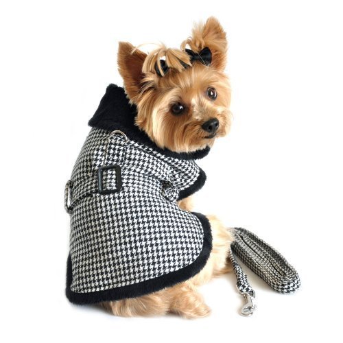 DOGGIE DESIGN Black and White Classic Houndstooth Dog Harness Coat with Leash - XS Small Size for Small Dogs | Perfect for Winter Walks, Outdoor Adventures & Fashion Pet Outfits
