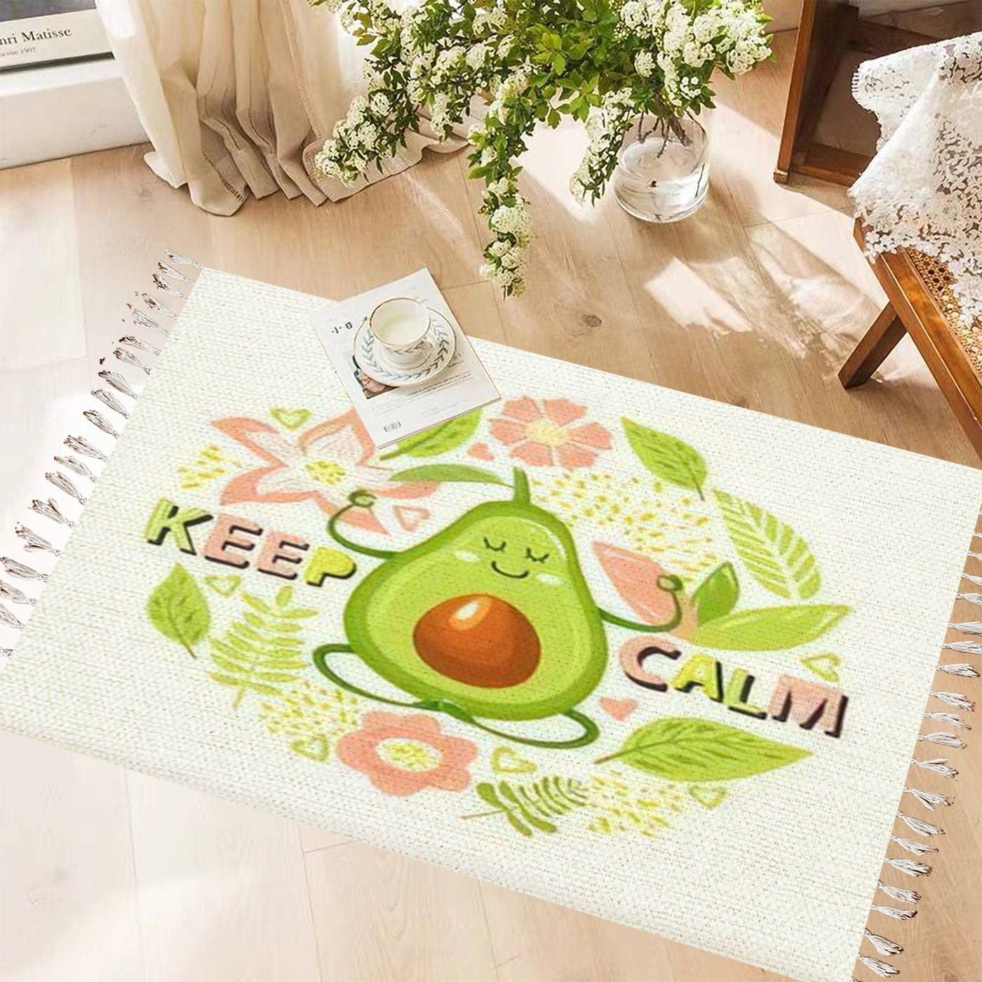 Retro Cotton Linen Tassel Rug with Cartoon Avocado Yoga Design - Washable Boho Area Rug Set for Kitchen, Bathroom Decor & Outdoor Use - Perfect for Yoga Studios, Boho Home Decor, and Cozy Living Spaces