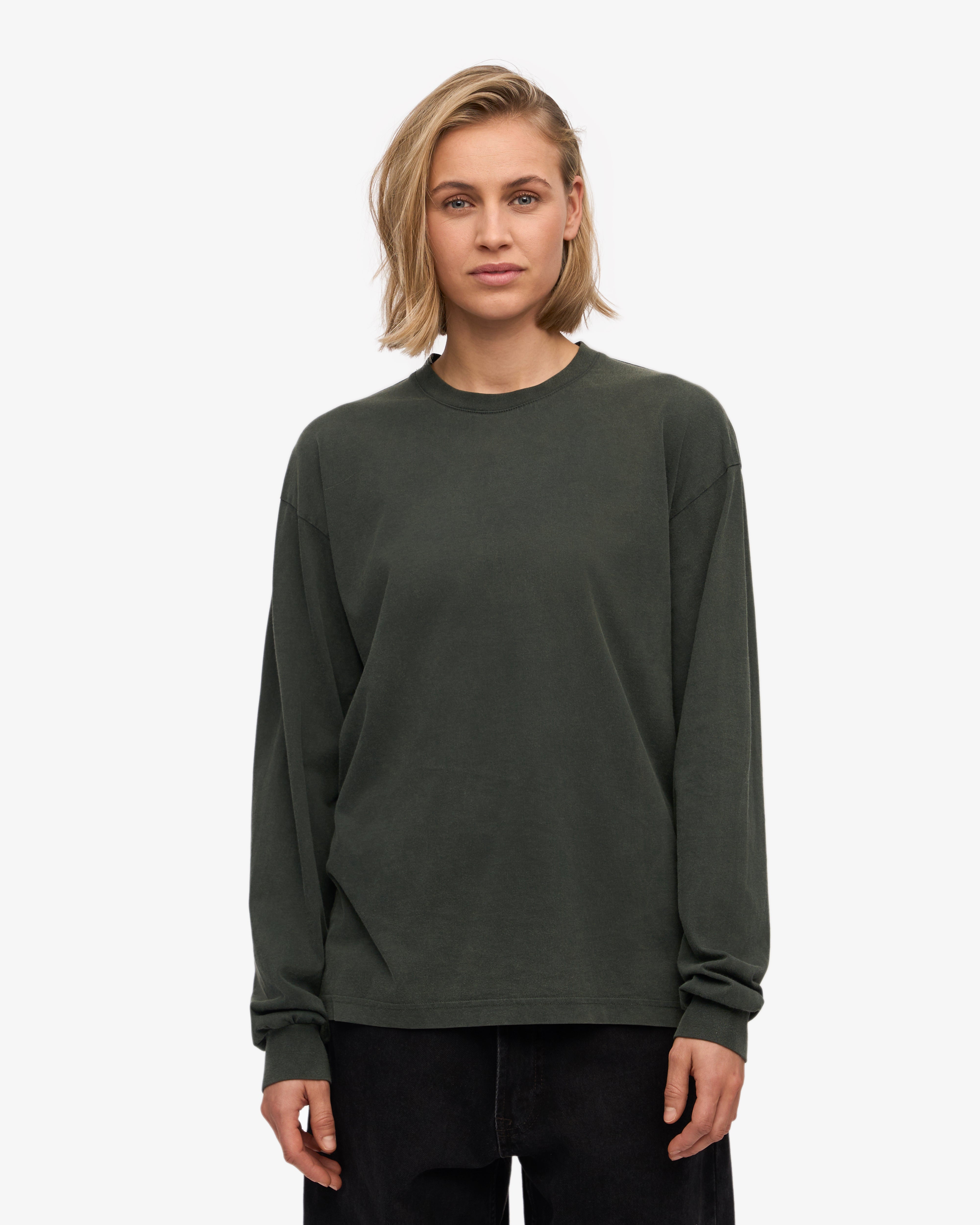 Oversized Organic Long Sleeve T-Shirt for Women - Soft Cotton Comfort Fit - Midnight Forest Green - Perfect for Casual Wear, Loungewear & Street Style