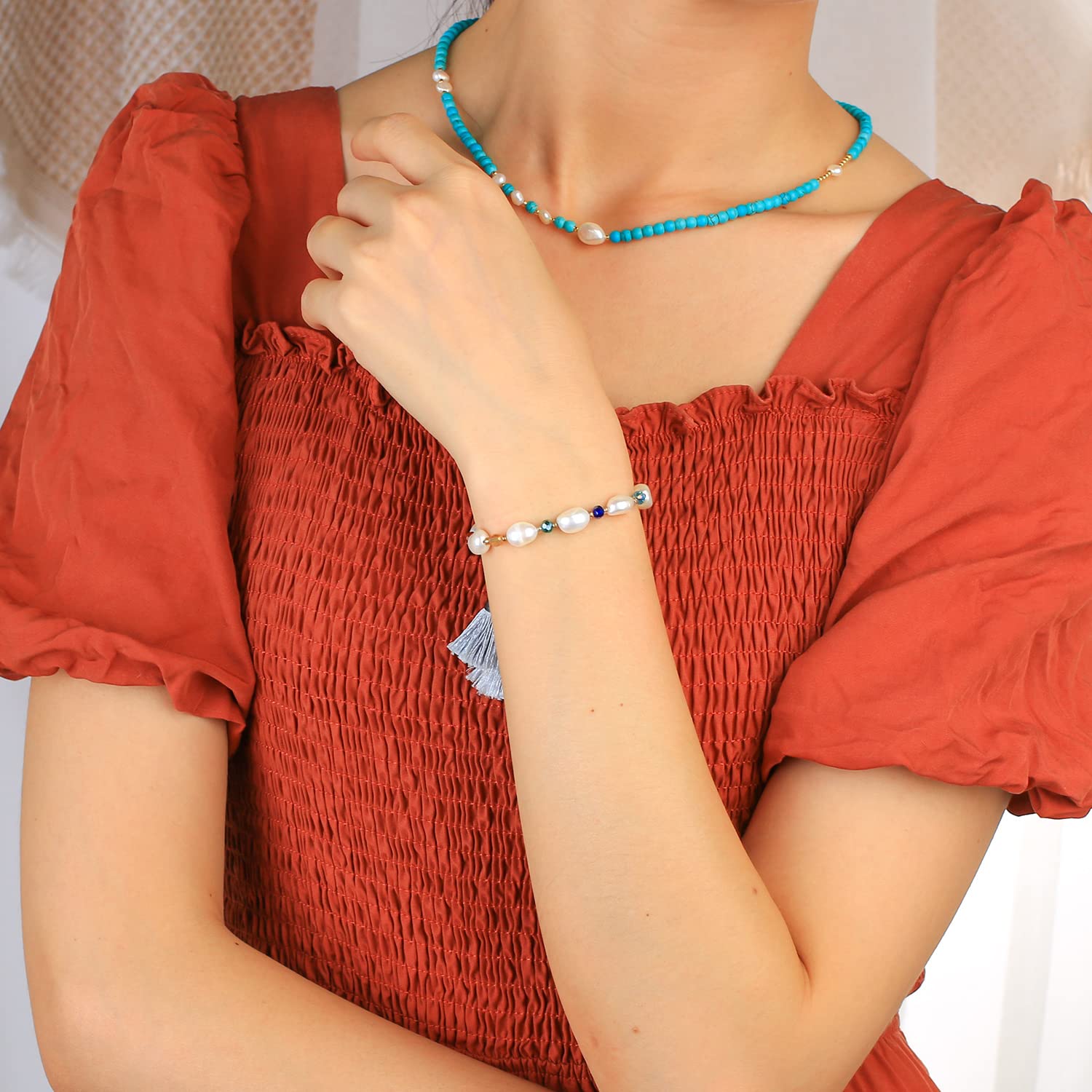 KELITCH Women's Boho Pearl Strand Necklace with Turquoise Beads - Stackable Layered Necklace for Casual, Party & Wedding Jewelry