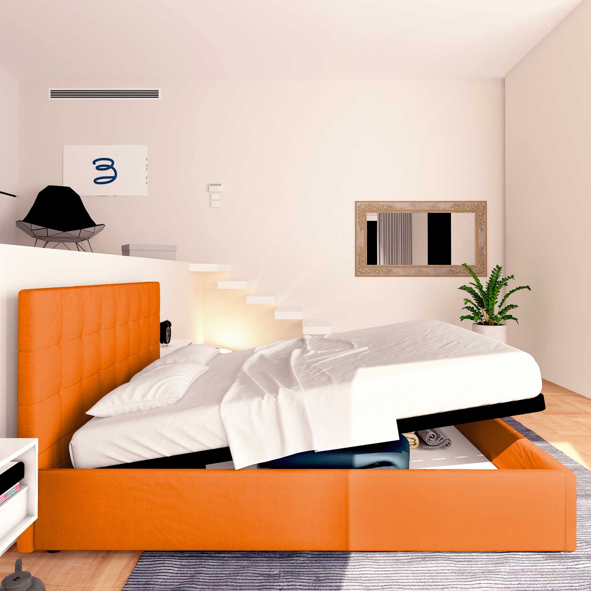 Baldiflex Single Bed with Storage - Dublin Model Synthetic Leather Upholstery, 80x190cm Slatted Base for Single Mattress, Elegant Headboard in Orange - Perfect for Small Bedrooms, Guest Rooms & Studio Apartments