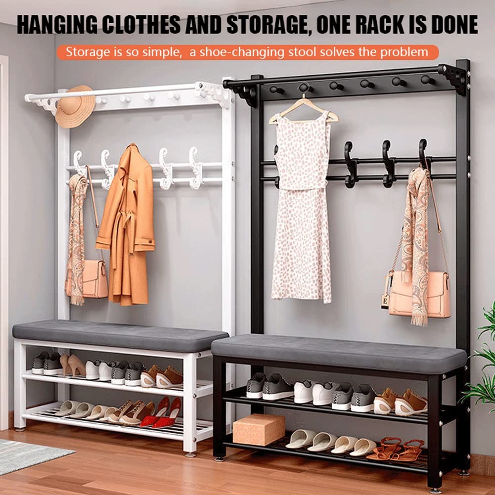 Industrial Hall Tree with Hooks - 3-in-1 Entryway Coat Rack, Shoe Bench & Storage Organizer with Shelf - Sturdy Metal Frame for Hallway, Bedroom, Bathroom - PU White (100x33x172cm) - Perfect for Small Spaces & Home Organization