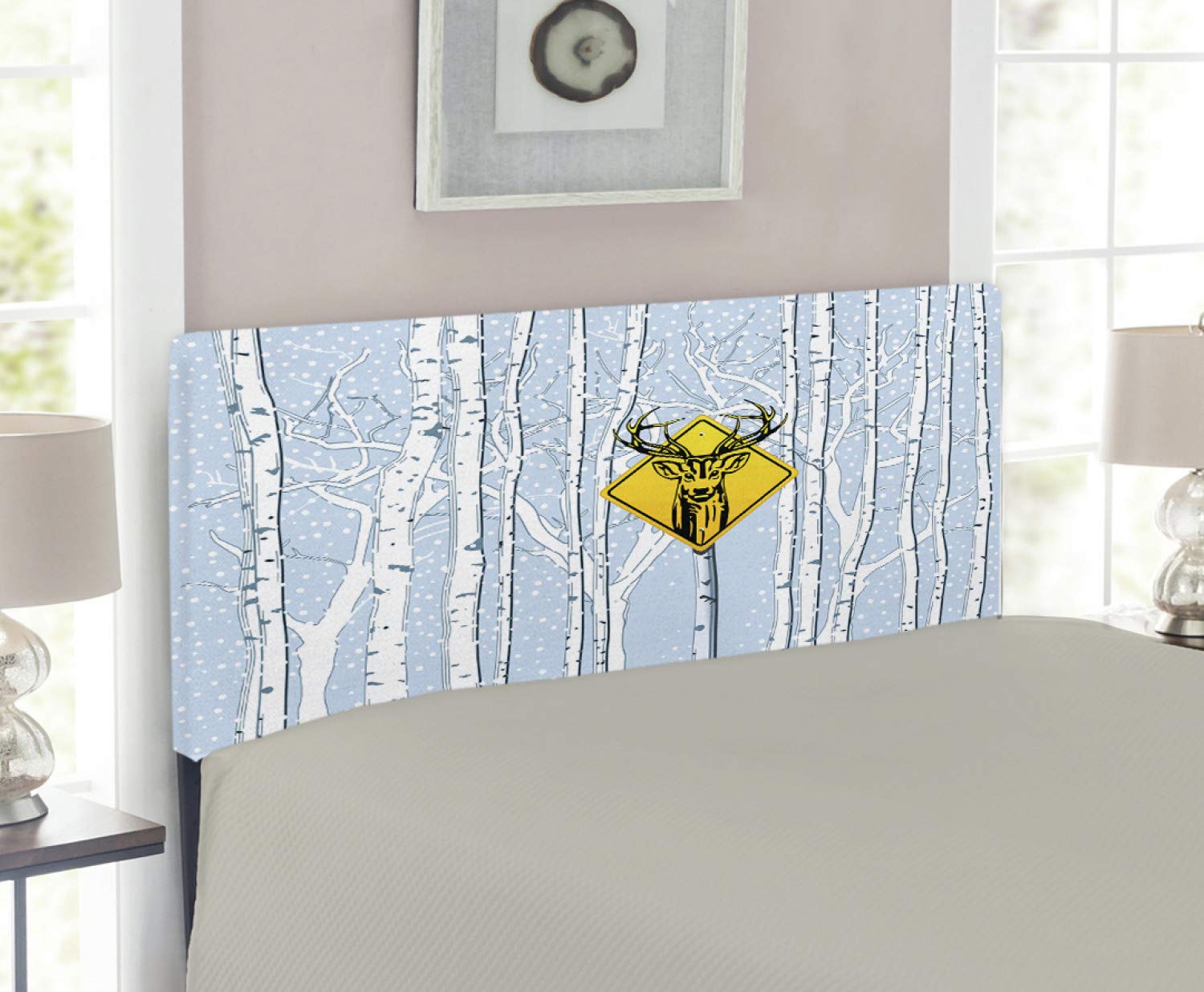 Ambesonne Hunting Themed Headboard - Deer in Woods with Warning Sign & Leafless Trees Winter Design - Upholstered Decorative Metal Bed Headboard with Memory Foam - Twin Size, Multicolor - Perfect for Hunting Lodge, Cabin, or Outdoor Enthusiast's Bedroom Decor