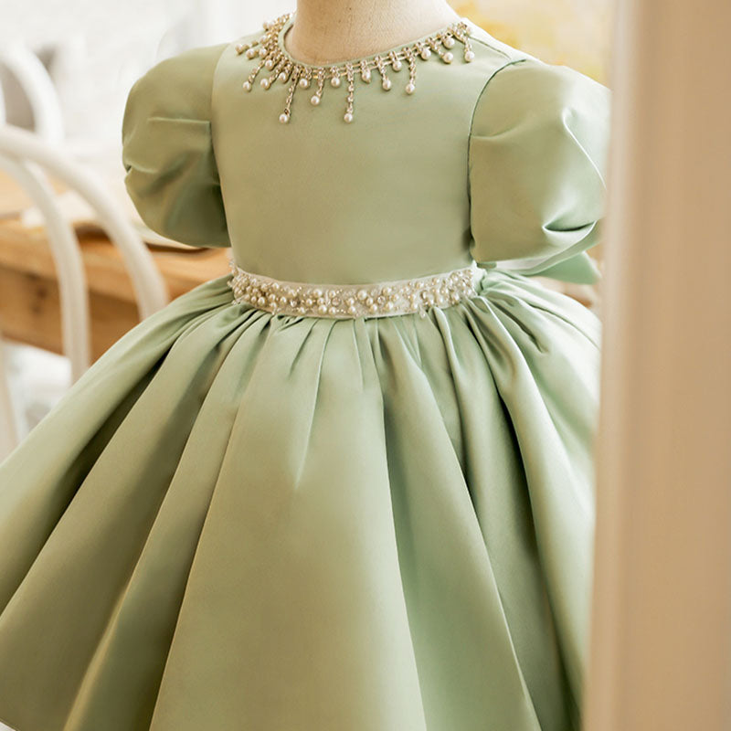 Elegant Sage Green Satin Flower Girl Dress with Beaded Puff Sleeves - Perfect for Weddings, Pageants & Special Occasions