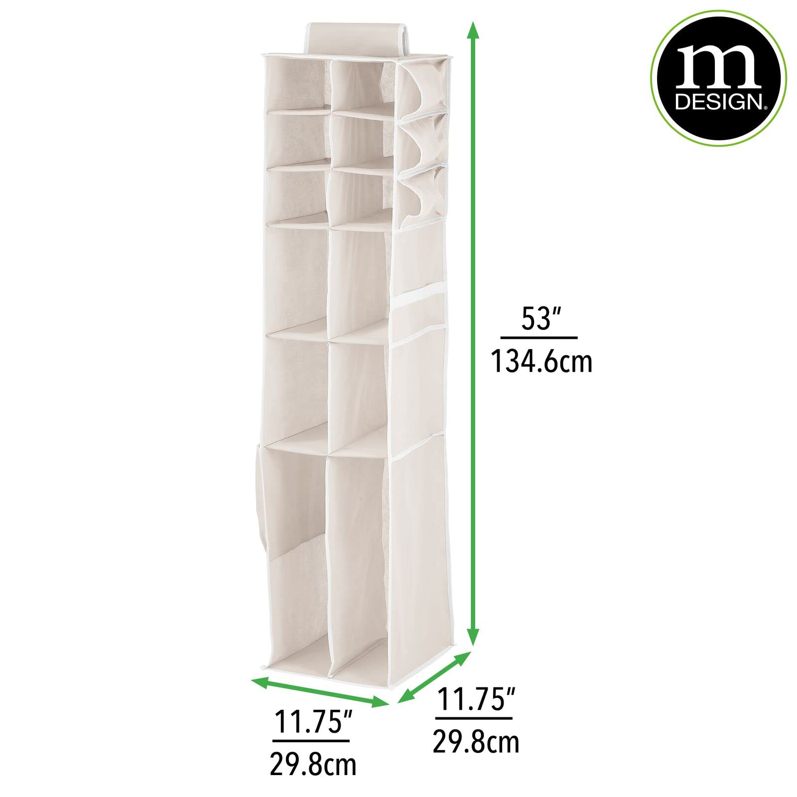 mDesign 12-Shelf Fabric Closet Organizer with Side Pockets - Soft Hanging Storage for Nursery, Kids Room - Perfect for Diapers, Wipes, Lotions & Toys (Cream/White) | Space-Saving Baby & Child Organization Solution