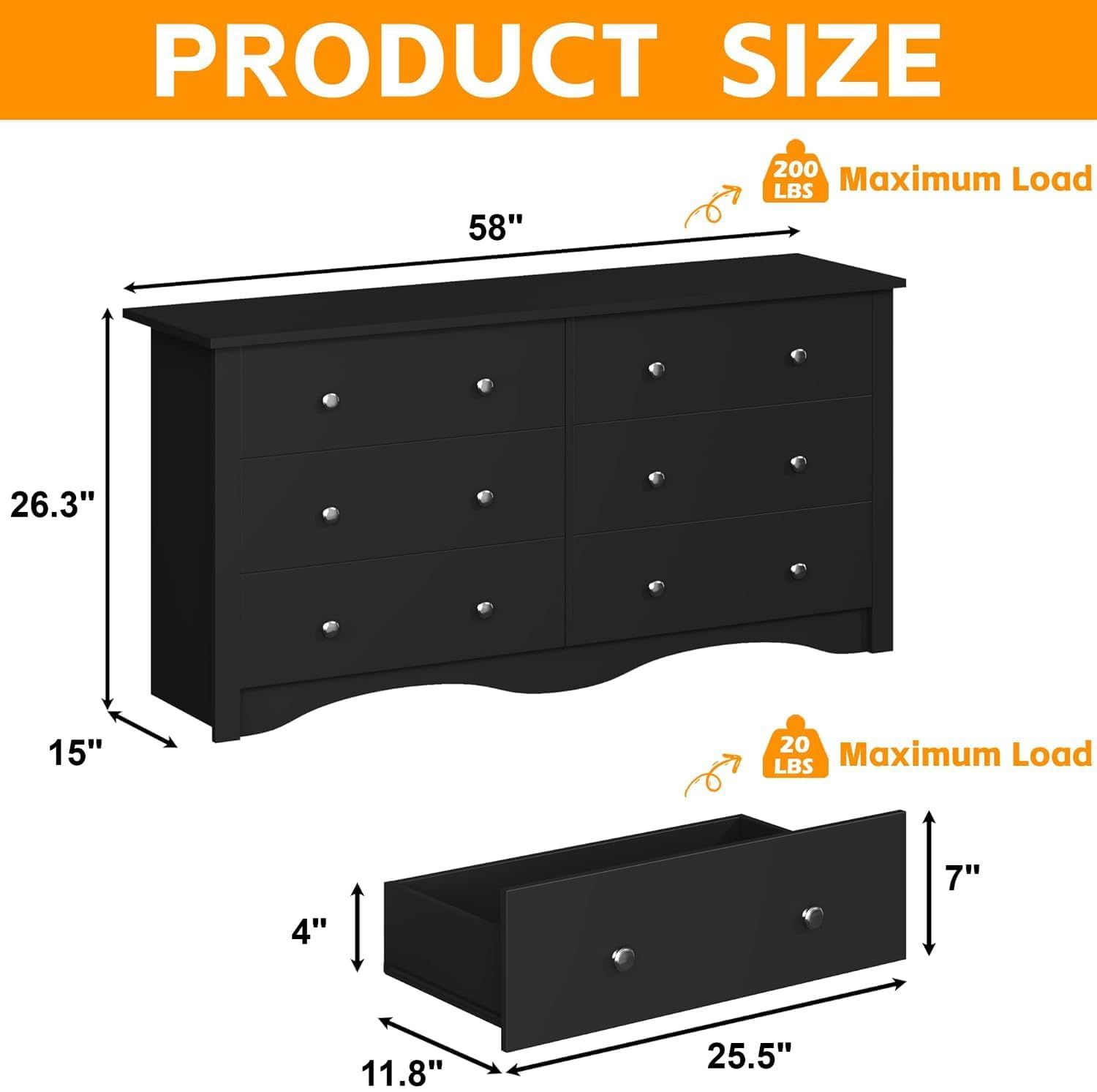 Furmax 6-Drawer Wooden Dresser for Bedroom & Living Room - 65 Inch TV Stand with Storage - Modern Chest of Drawers for Hallway, Entryway & Home Organization (Black) | Perfect for Bedroom Storage, TV Entertainment Setup & Entryway Decor