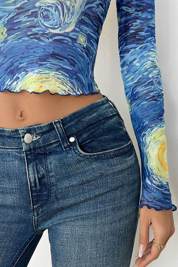 Starry Sky Print Stand Collar Mesh Long Sleeve Slim Fit Women's Blouse - Perfect for Evening Parties, Date Nights & Casual Outings
