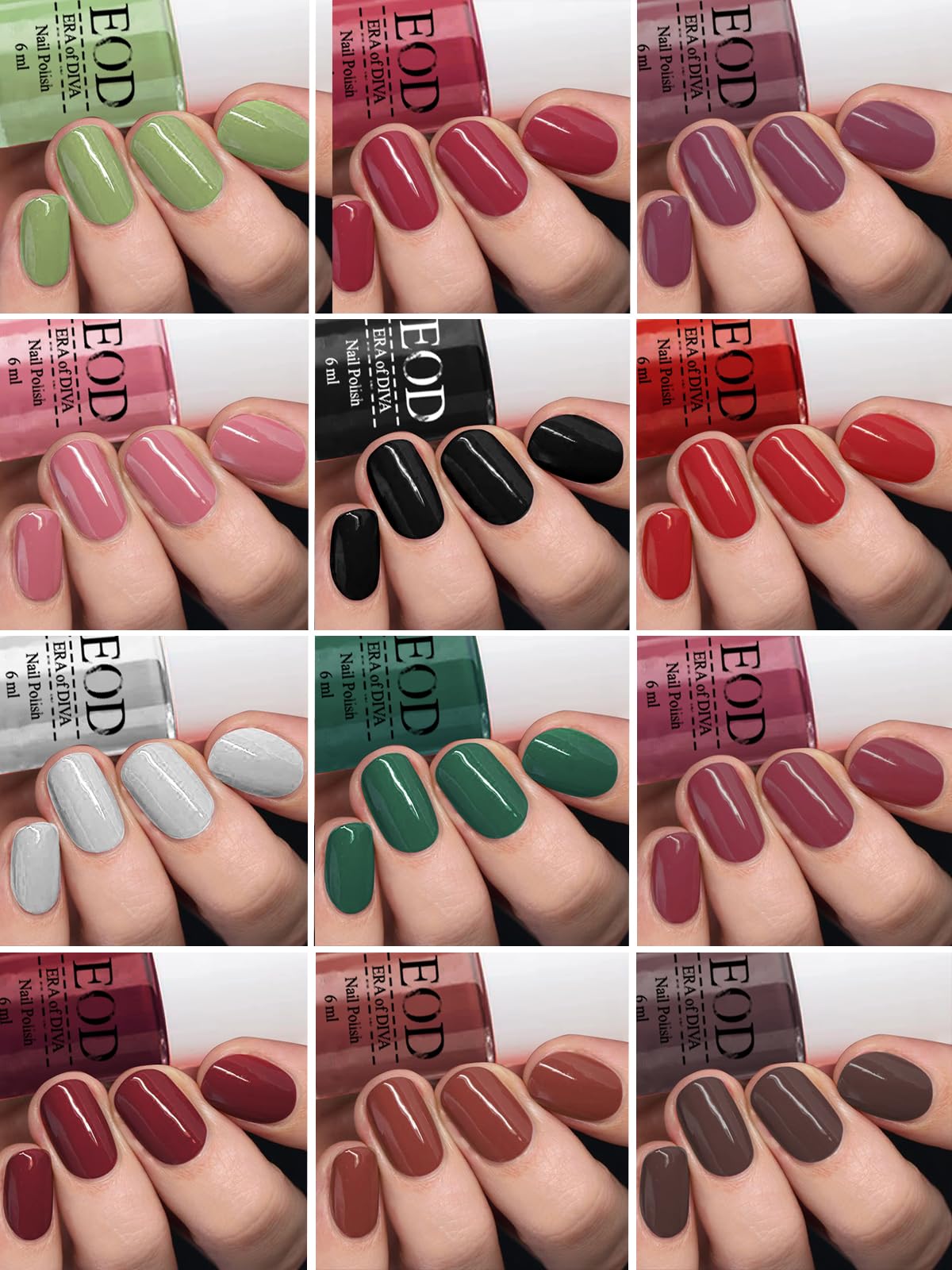 12 Bottles Long Lasting Glossy Nail Polish Set - 6ML Each, Shine Finish, Non-Toxic (Tomato Red, Black, Baby Pink, Pink Peach, Nude & More) - Perfect for Manicures, Pedicures, Salon & Home Use