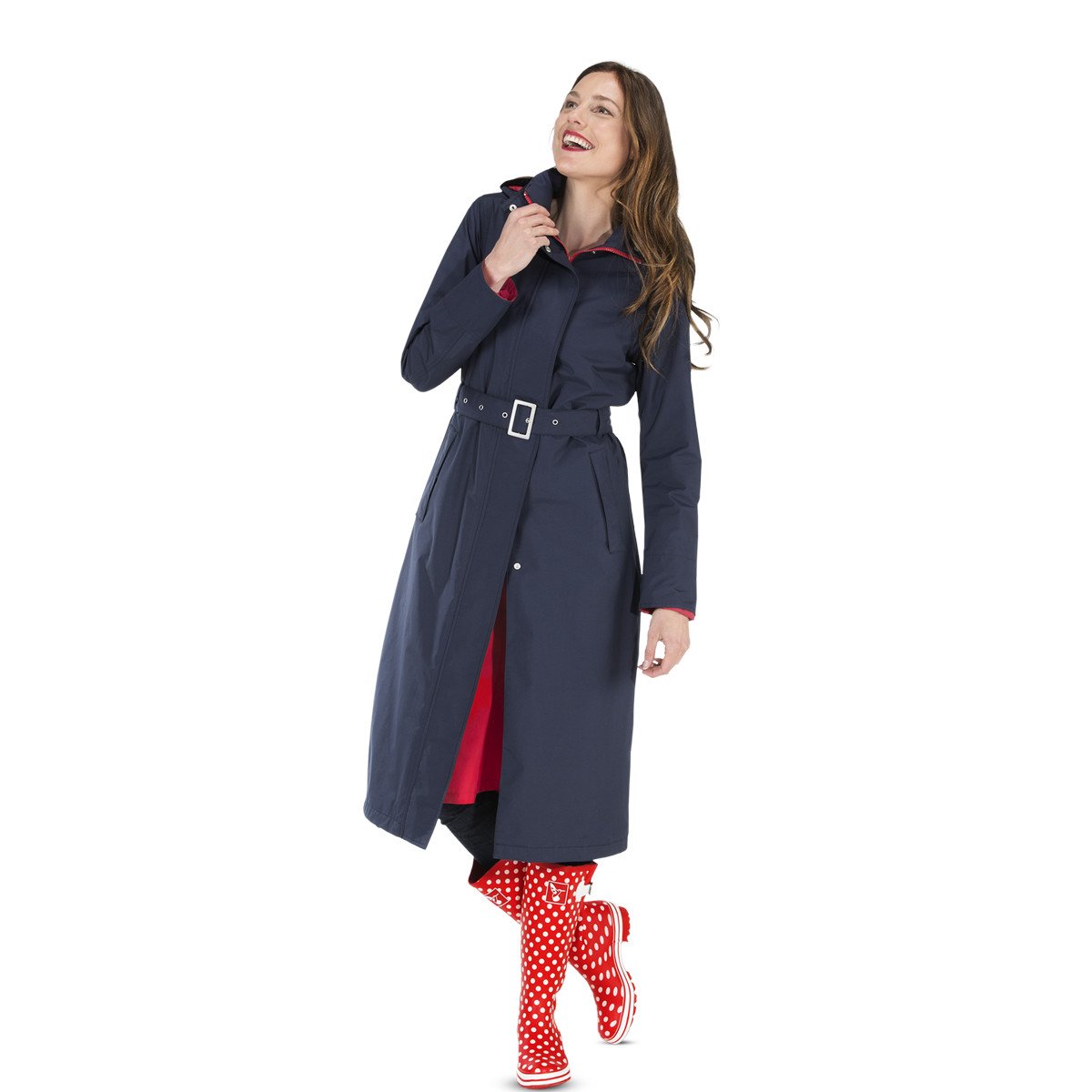 Happy Rainy Days Women's Waterproof Long Jacket - Navy Blue Raincoat for Women, Size Large | Perfect for Outdoor Activities, Commuting & Rainy Day Fashion