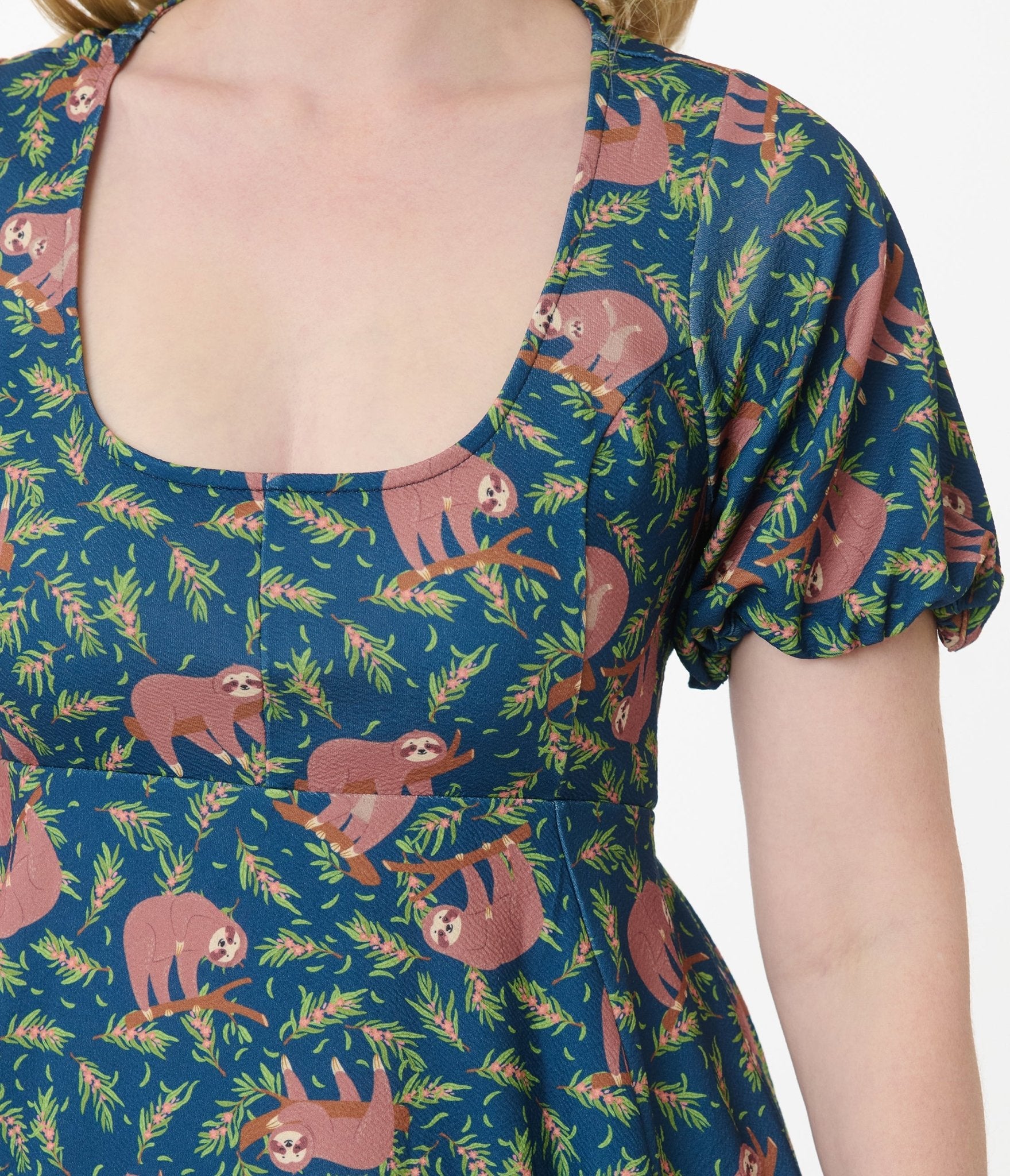 Vintage Blue Summer Sloth Print Fit & Flare Dress - Retro Style Women's Casual Sundress for Beach Vacation, Outdoor Picnic & Date Night