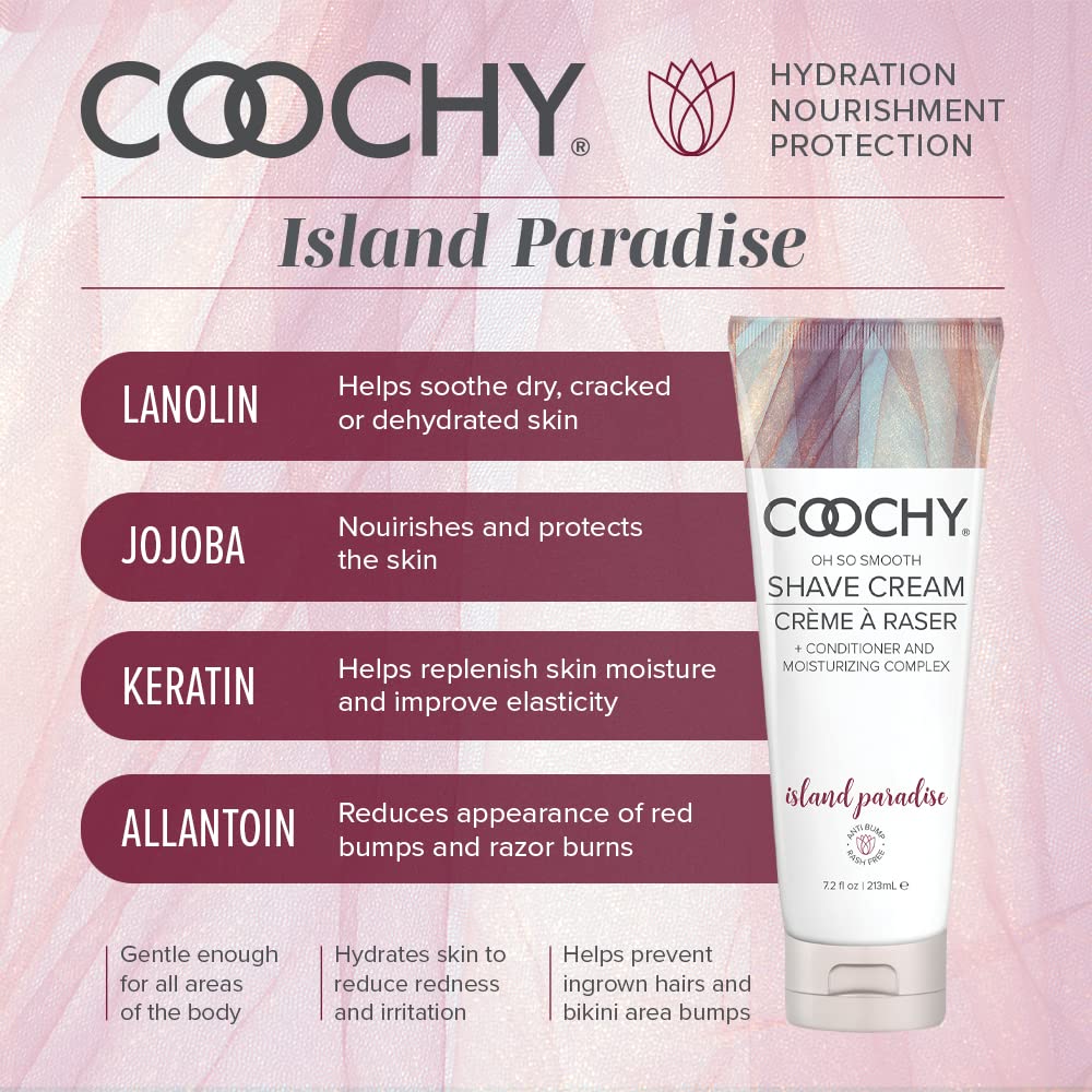 Coochy Rash-Free Shave Cream & After Shave Mist for Sensitive Skin | Anti-Bump Shaving Gel with Moisturizing Complex | Tightens Pores | Island Paradise & Botanical Blast Scent | Pack of 2 | Perfect for Smooth Legs, Bikini Line & Underarms