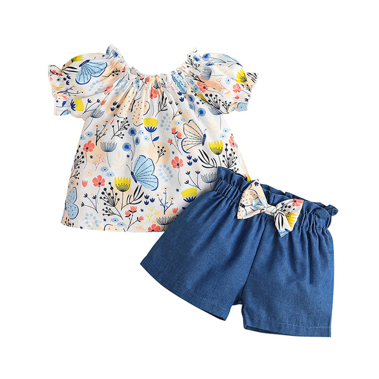 TBUIALL Toddler Girls Summer Outfits - Floral Embroidery Fly Sleeve Top & Shorts 2-Piece Set (Blue, 18-24 Months) | Cute Playwear for Shy Girls, Beach & Park Outfits