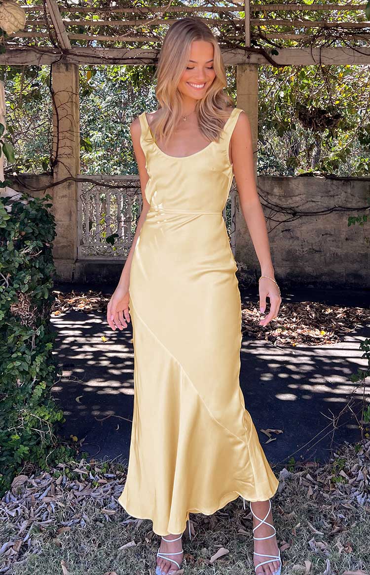 Elegant Yellow Satin Maxi Dress for Women - Flowy Long Formal Evening Gown - Perfect for Weddings, Parties & Special Occasions