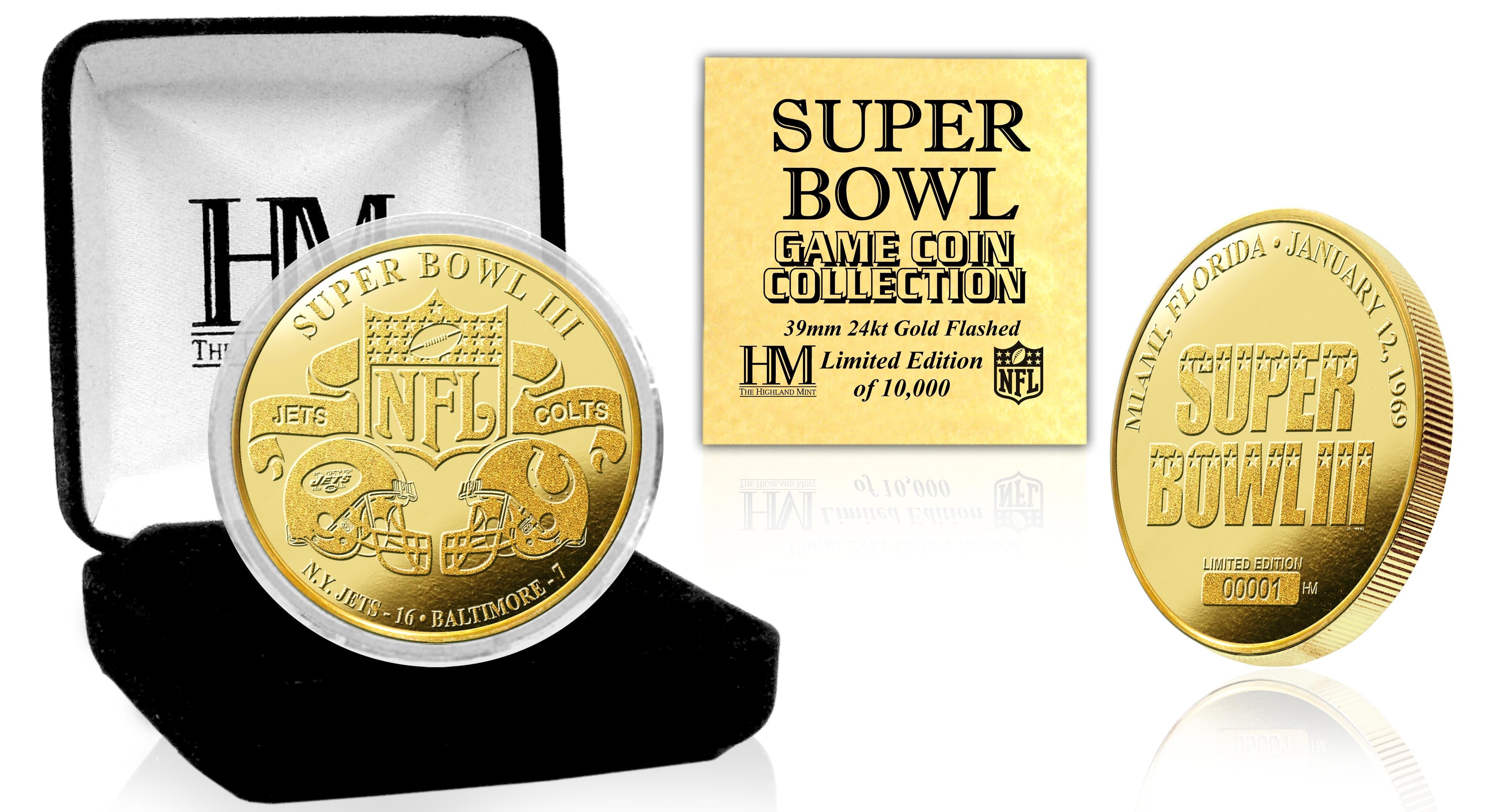 Super Bowl III 24kt Gold Commemorative Flip Coin - Perfect for NFL Collectors, Sports Memorabilia Displays & Game Day Decision Making
