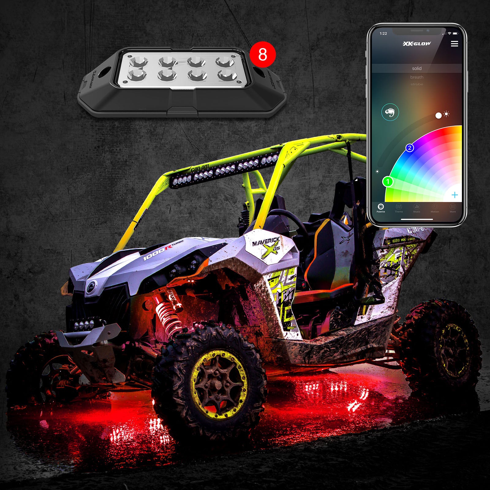 8-Piece RGB Rock Lights for Cars & Trucks - Waterproof LED Underbody Lighting Kit for Off-Road, Jeep, ATV - Multi-Color Customization (Ideal for Night Driving, Car Shows & Off-Road Adventures)