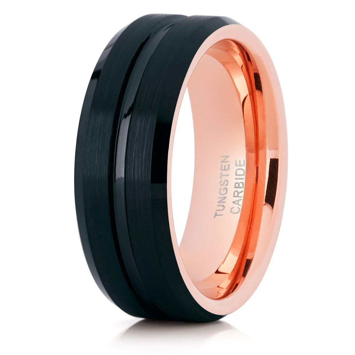 Rose Gold Tungsten Wedding Band for Men & Women - Comfort Fit Black Tungsten Ring - Durable & Scratch Resistant for Everyday Wear & Special Occasions