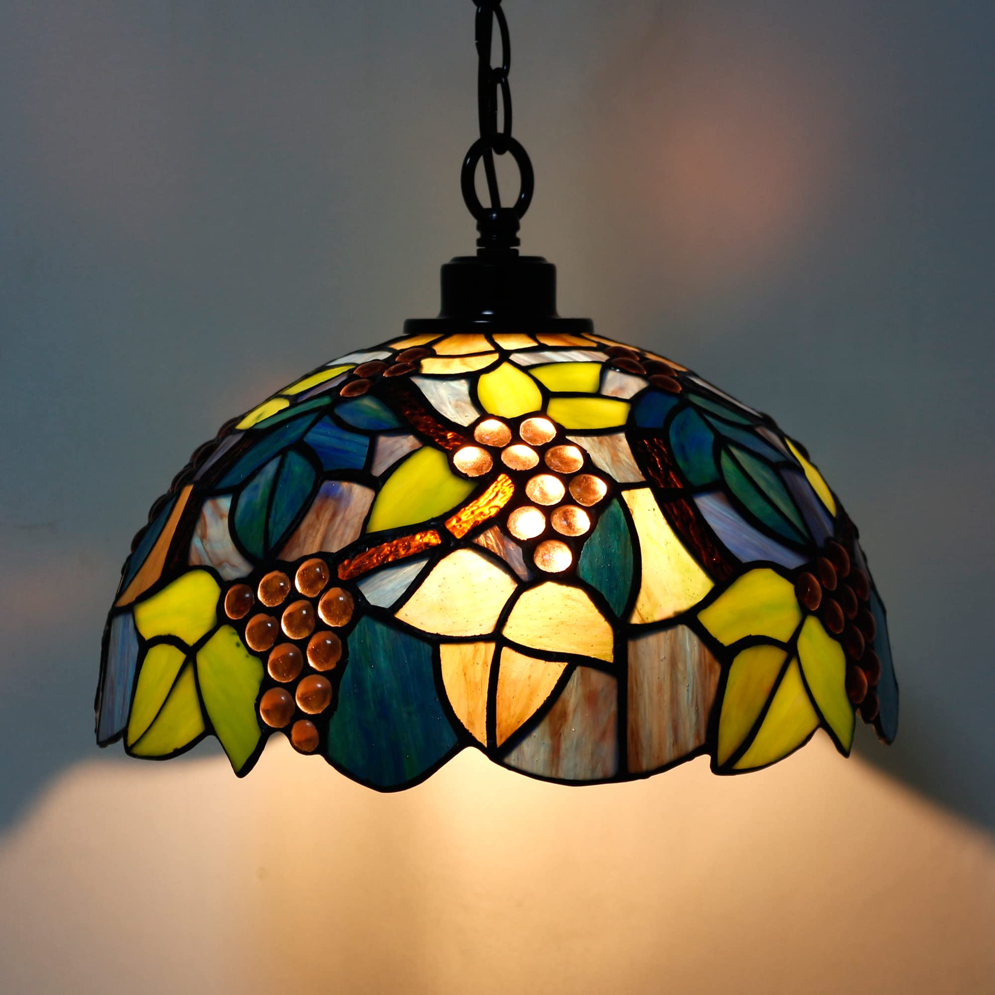Tiffany Style Plug-in Stained Glass Swag Pendant Light - 12x12x18 Inches Hanging Lamp in Purple Grape Design | Perfect for Dining Room, Living Room, Bedroom & Kitchen Decor