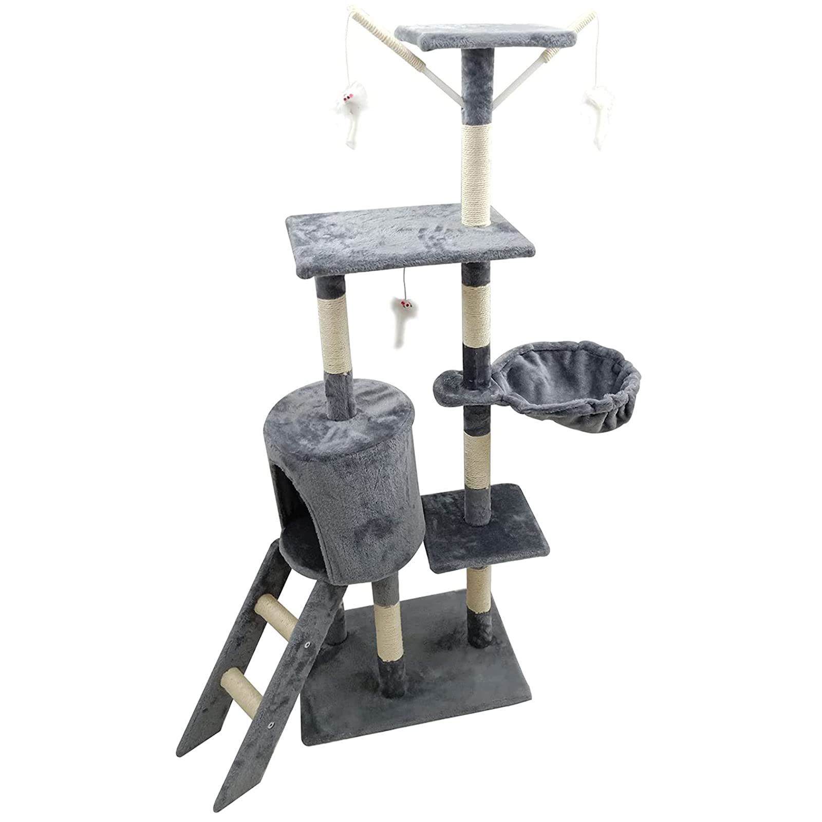 Premium Multi-Level Cat Tree with Hammock, Ladder & Scratching Posts - Indoor Cat Tower for Play & Rest - Sisal & Plush Mouse Toys Included - Perfect for Small Spaces & Active Cats