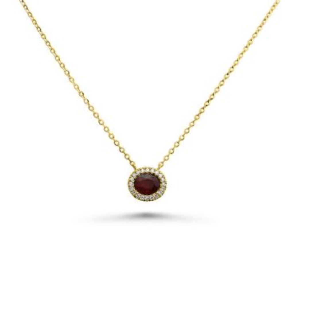 14K Yellow Gold 0.06ctw Diamond and Oval Ruby Halo Pendant Necklace for Women - Elegant Jewelry Gift for Anniversary, Valentine's Day or Special Occasions