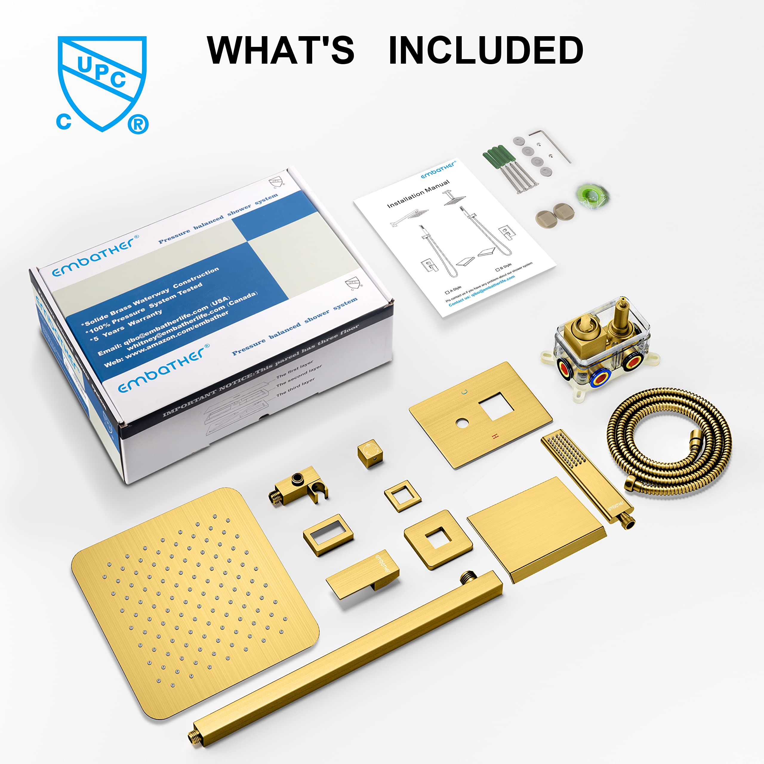 EMBATHER 10-Inch Brushed Gold Shower System with Tub Spout - High Pressure Rain Shower & Handheld Spray - Complete Bathroom Faucet Set with Valve & Trim Kit - Perfect for Master Bathrooms & Luxury Home Renovations