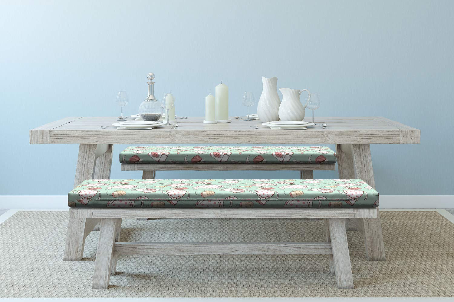Ambesonne Tea Party Bench Cushion Set of 2 - Polka Dot Teapot & Cupcake Design, Standard Size 45