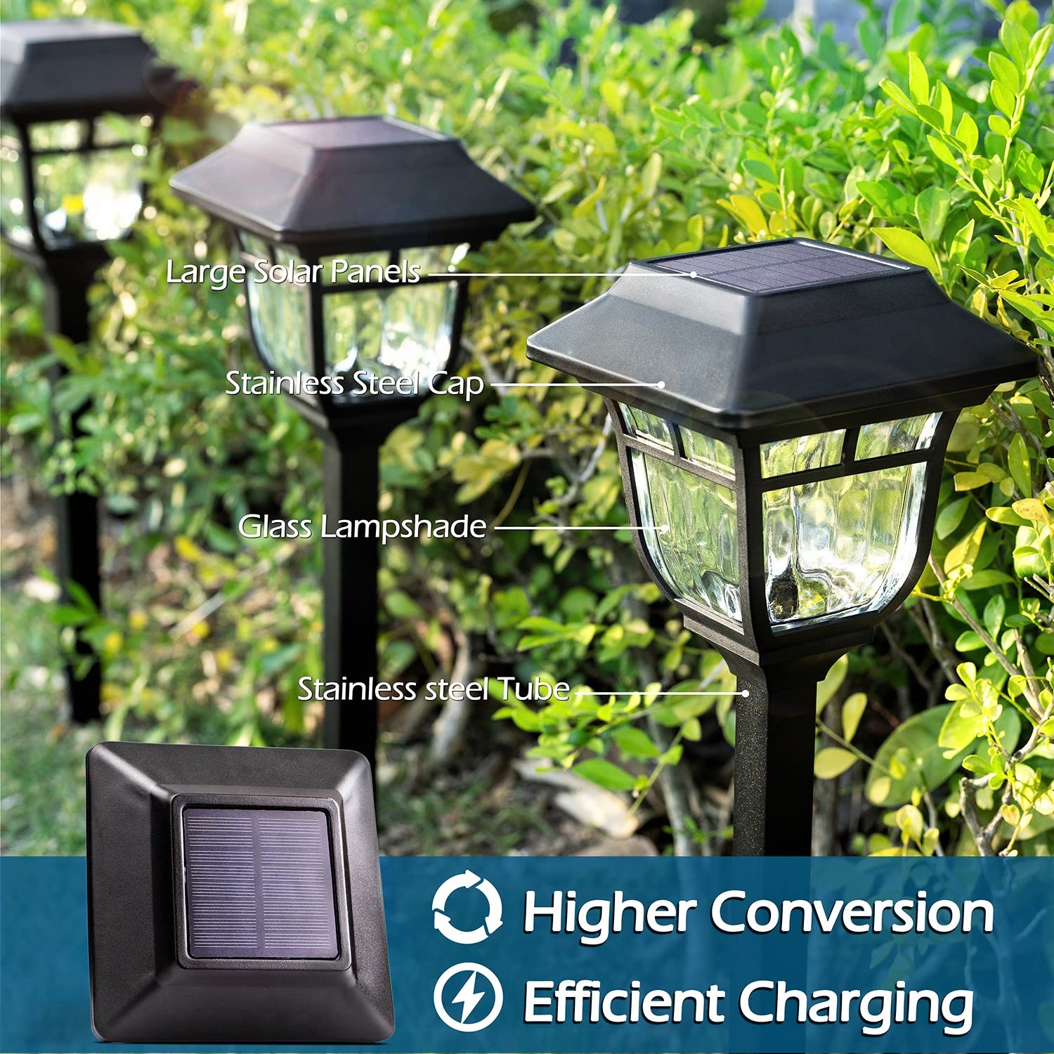 LeiDrail Solar Pathway Lights Outdoor - Waterproof Glass & Metal Solar Garden Lights with 2 Brightness Modes | Solar Powered Landscape Lighting for Patio, Yard, Driveway, Walkway | Perfect for Evening Ambiance & Safety Lighting