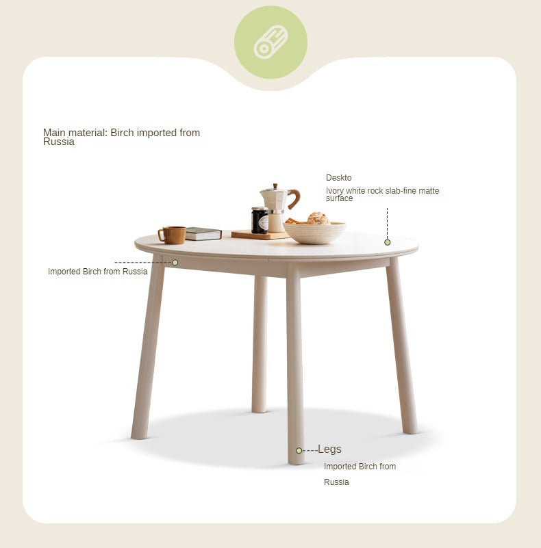 Birch Solid Wood Round Dining Table - White Cream Style Rock Board - Perfect for Modern Kitchens, Dining Rooms & Small Spaces