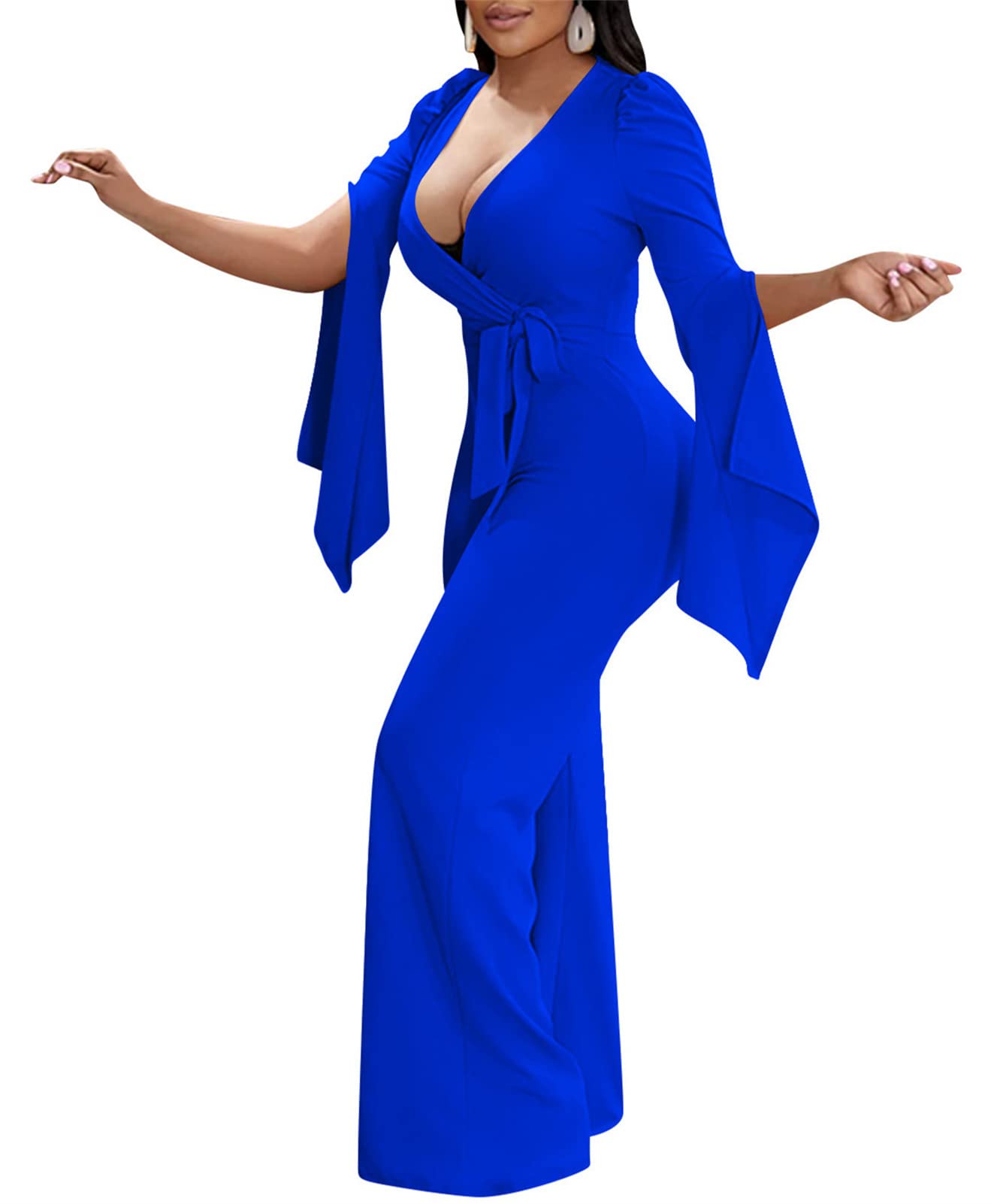 ENOPINK Women's Elegant Long Sleeve V-Neck Jumpsuit with Belt - Wide Leg Casual Romper for Work, Party & Date Night Outfits
