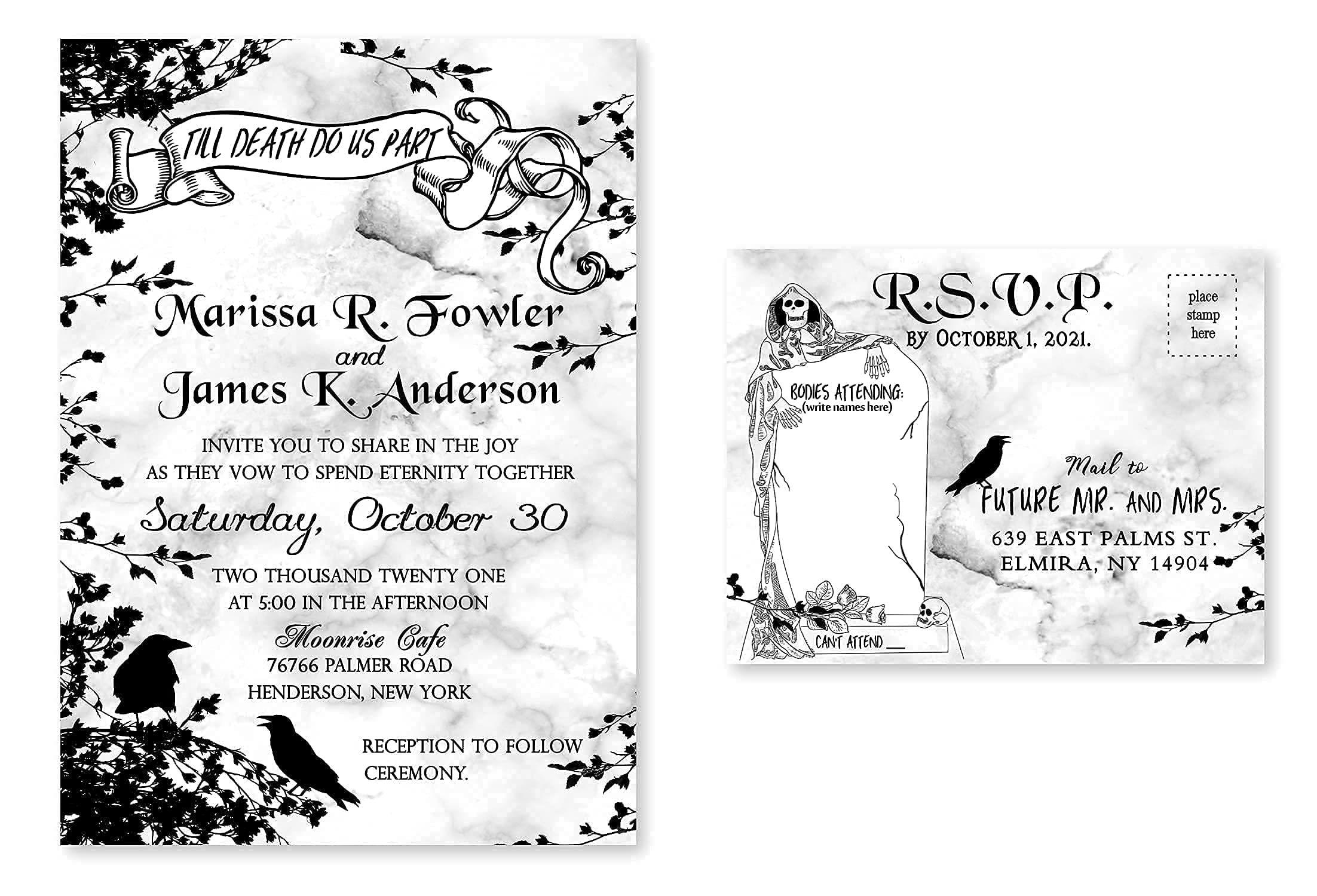 Elegant Black and White Gothic Wedding Invitations Set of 50 - Halloween Theme with RSVP Postcards | Perfect for Dark Romance Weddings, Gothic Celebrations & Halloween Parties