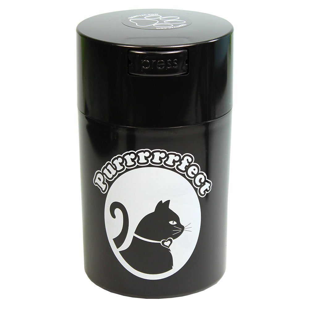 Pawvac 6 Ounce Vacuum Sealed Pet Food Storage Container with Black Cap & White Cat Design - Keep Dry Food Fresh for Cats & Small Dogs - Perfect for Kitchen Counter, Pantry or Travel Use