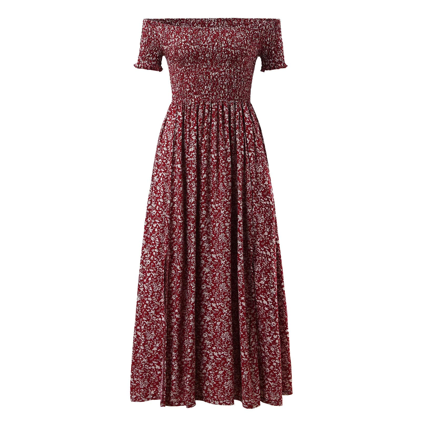 Plus Size Women's Summer Floral Dress - Off Shoulder Shirred Bodice & Thigh Split Design - Boho Chic Flowy Maxi Dress for Beach, Vacation & Casual Outings