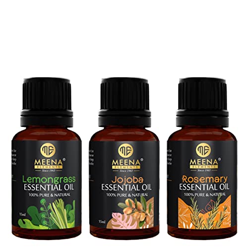 MEENA ELEMENTS Natural Essential Oil Set - Lemongrass, Jojoba & Rosemary Aromatherapy Oil for Relaxation, Skin Care, Hair Growth & Better Sleep | 3-Pack 15ml Bottles | Perfect for Massage, Diffuser & Spa Treatments
