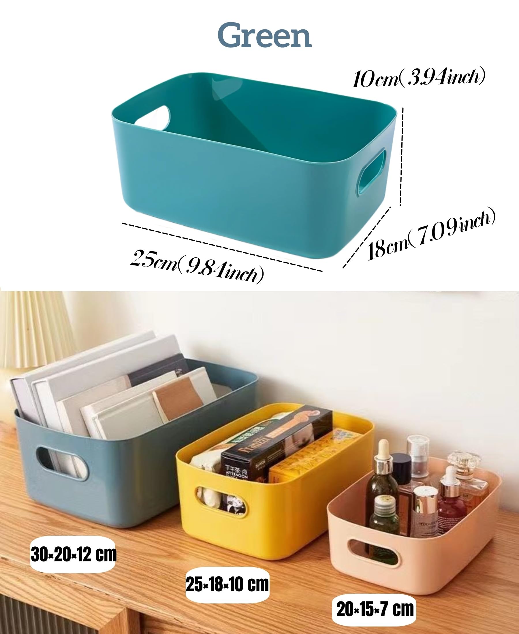 EURXLQ 4-Piece Plastic Storage Baskets with Handles - Organizer Boxes for Closet, Kitchen, Bathroom & Cosmetics (Green, 25×18×10 cm) - Perfect for Home Organization, Pantry Storage & Bathroom Shelving